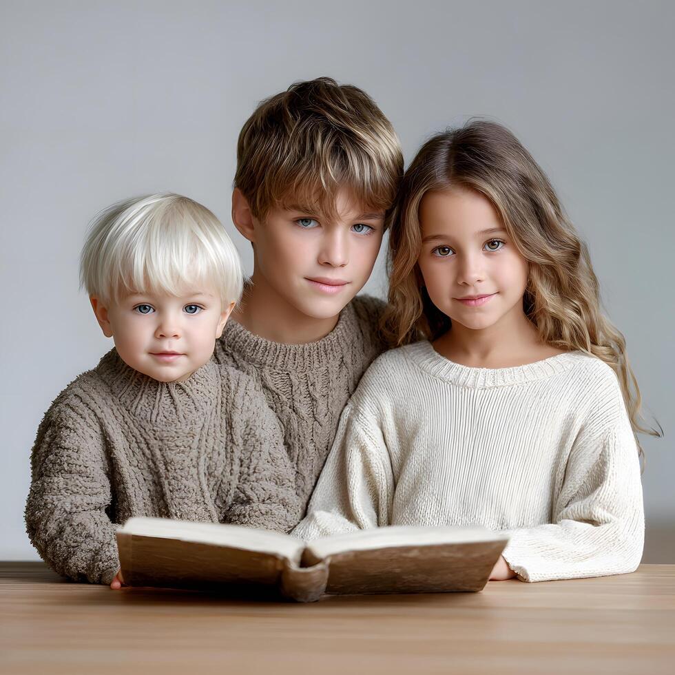 Adorable Siblings in Knitwear Reading a Book Together Studio Shot photo