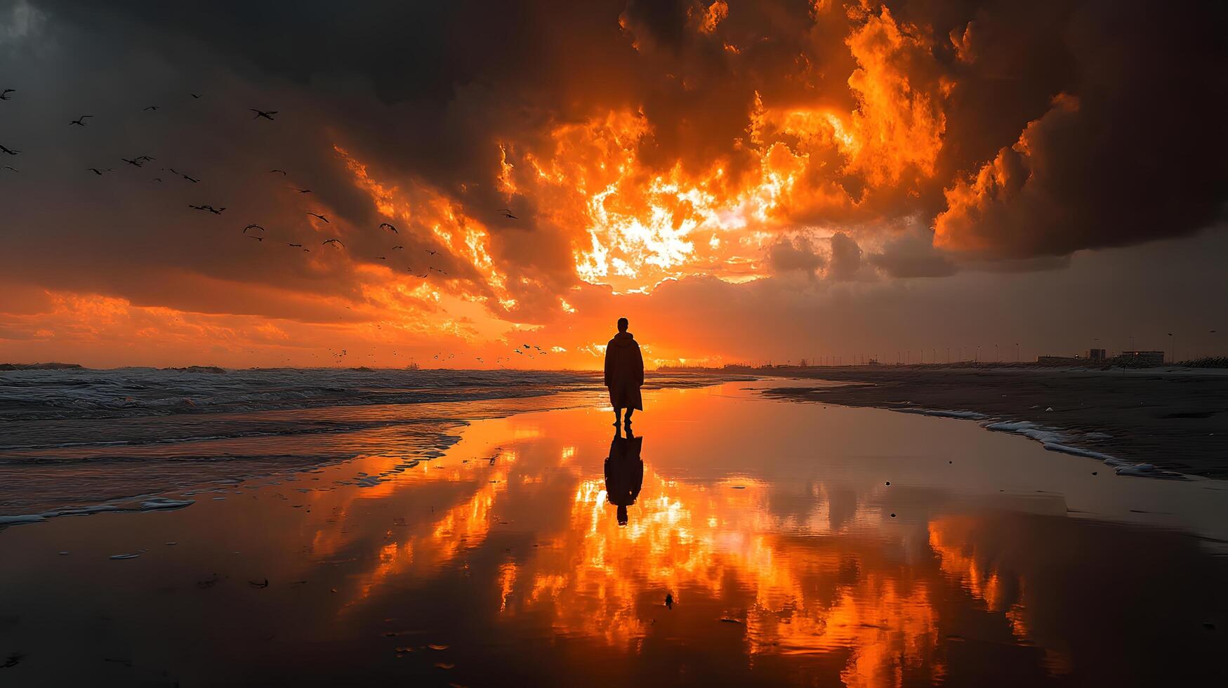 Solitary Figure Walking on Beach at Fiery Sunset Dramatic Sky Ocean Reflection photo