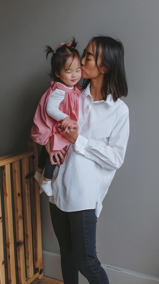 Loving Asian Mother Tenderly Kissing Her Adorable Baby Girl photo