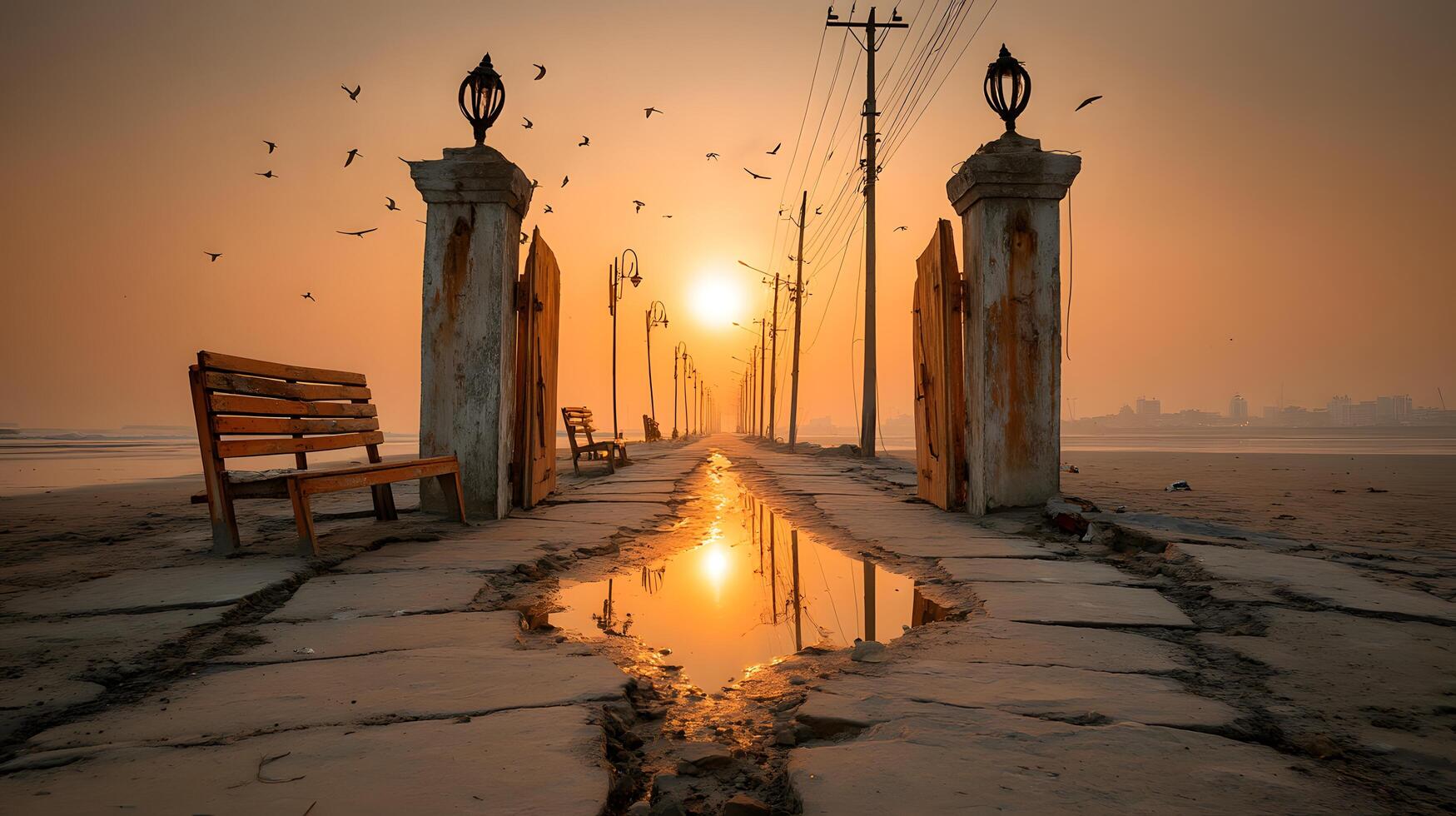 Serene Sunset at Beach Gateway Wooden Bench Paved Path Golden Hour Landscape photo
