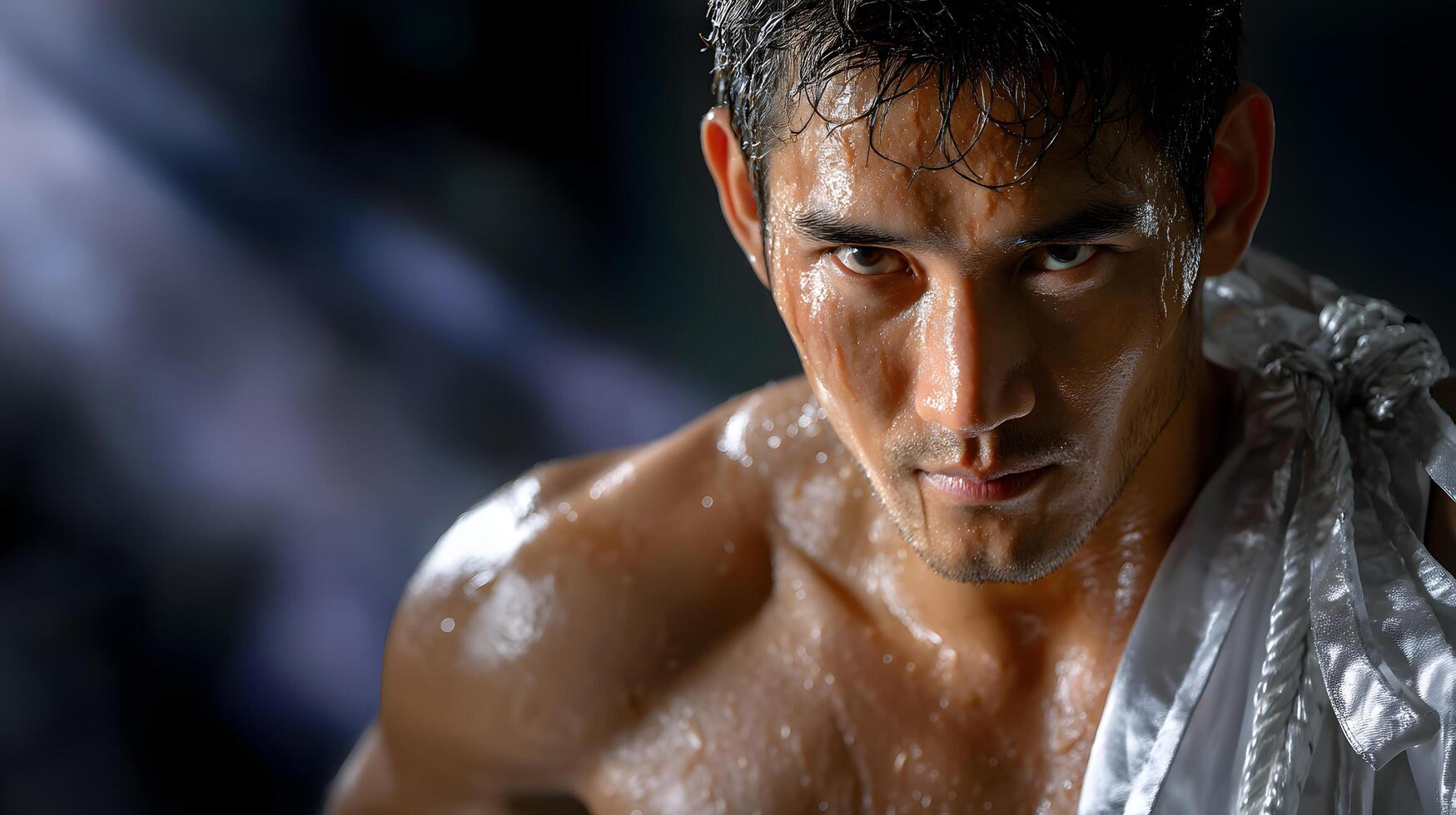 Intense Portrait of a Sweaty Male Boxer After a Fight Muscular and Determined photo