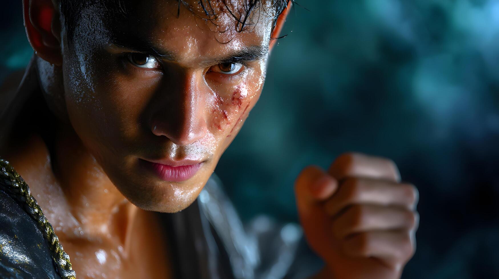 Intense Close up Portrait of a Sweaty Injured Male Boxer Muscular and Determined photo