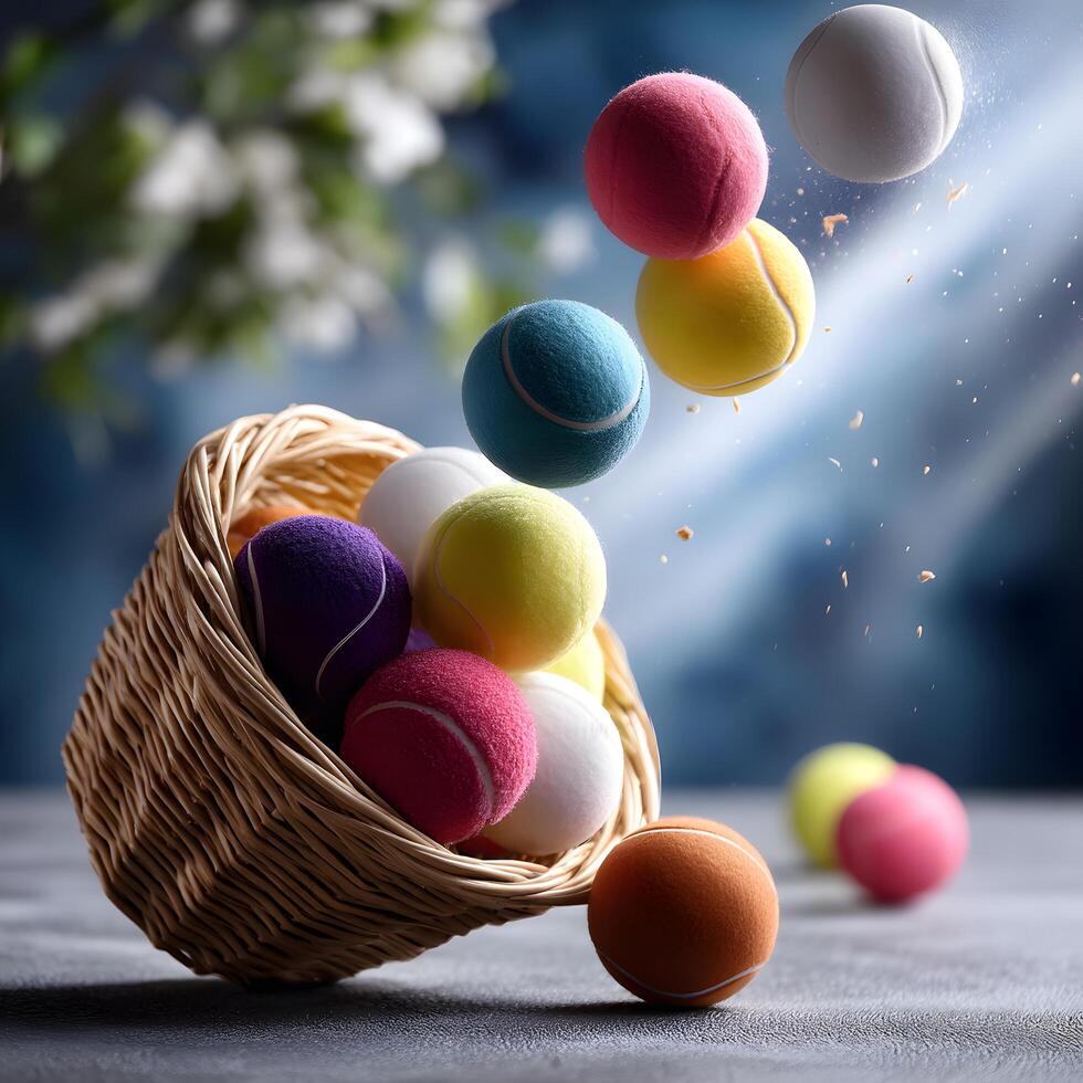 Colorful Tennis Balls Falling into a Wicker Basket Fun Vibrant Sports Equipment Photography photo