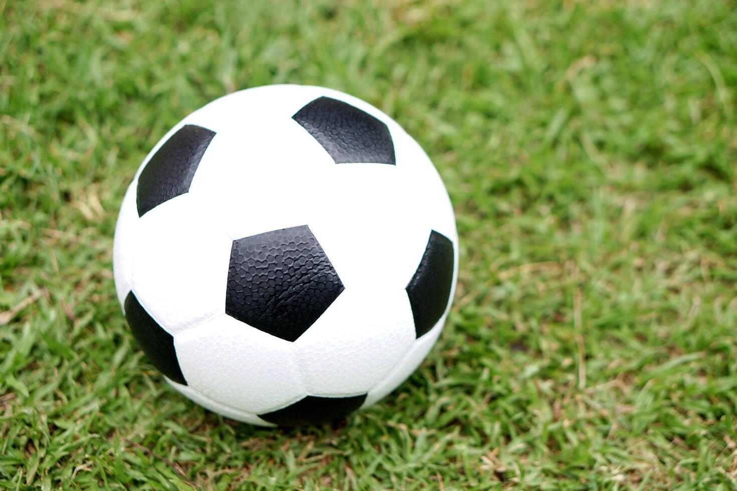 Football, classic black and white soccer ball placed on a green grass field, represents one of the most iconic pieces of sports equipment used in matches training and recreational play worldwide. photo