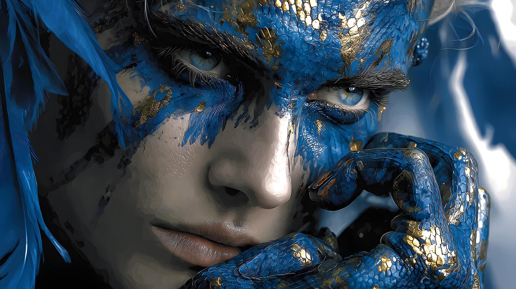 Mystical Blue and Gold Face Paint Portrait Fantasy Art Woman with Artistic Makeup Closeup photo
