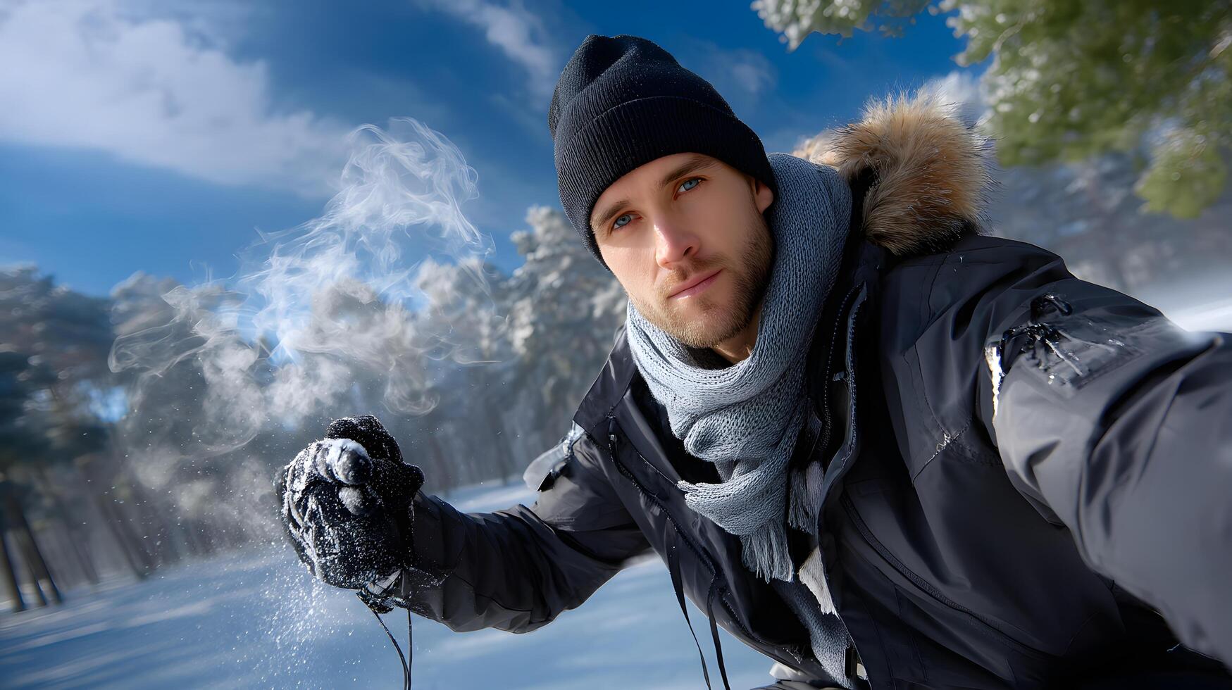 Man in Winter Landscape Holding Camera with Smoke from Mouth in Snowy Forest Setting photo