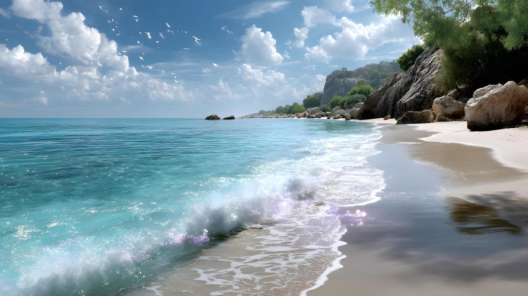 Serene Beach with Gentle Waves and Vibrant Blue Ocean Under a Cloudy Sky photo