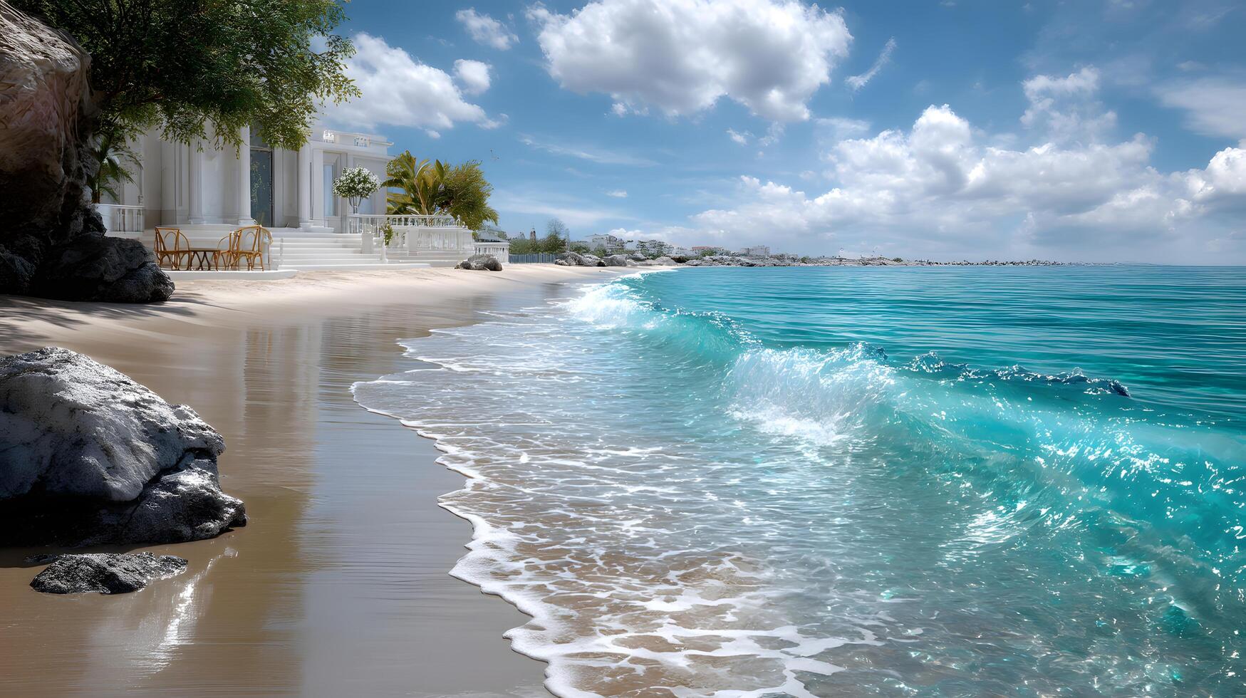 Serene Tropical Beach with Gentle Waves and Beautiful Cloudy Sky at Coastal Retreat photo