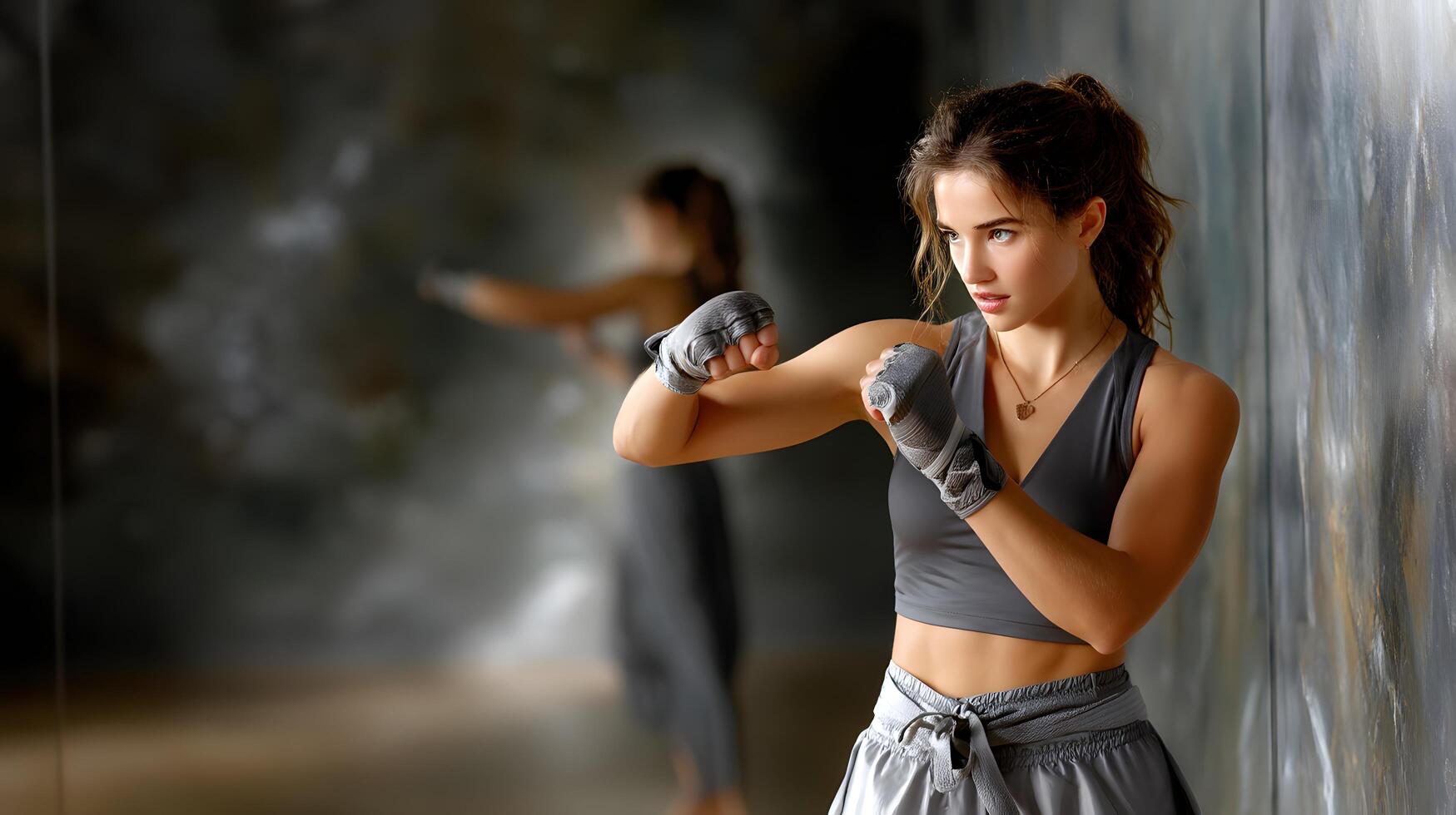 Young Woman Practicing Martial Arts in Urban Gym Setting with Focused Expression and Glove photo