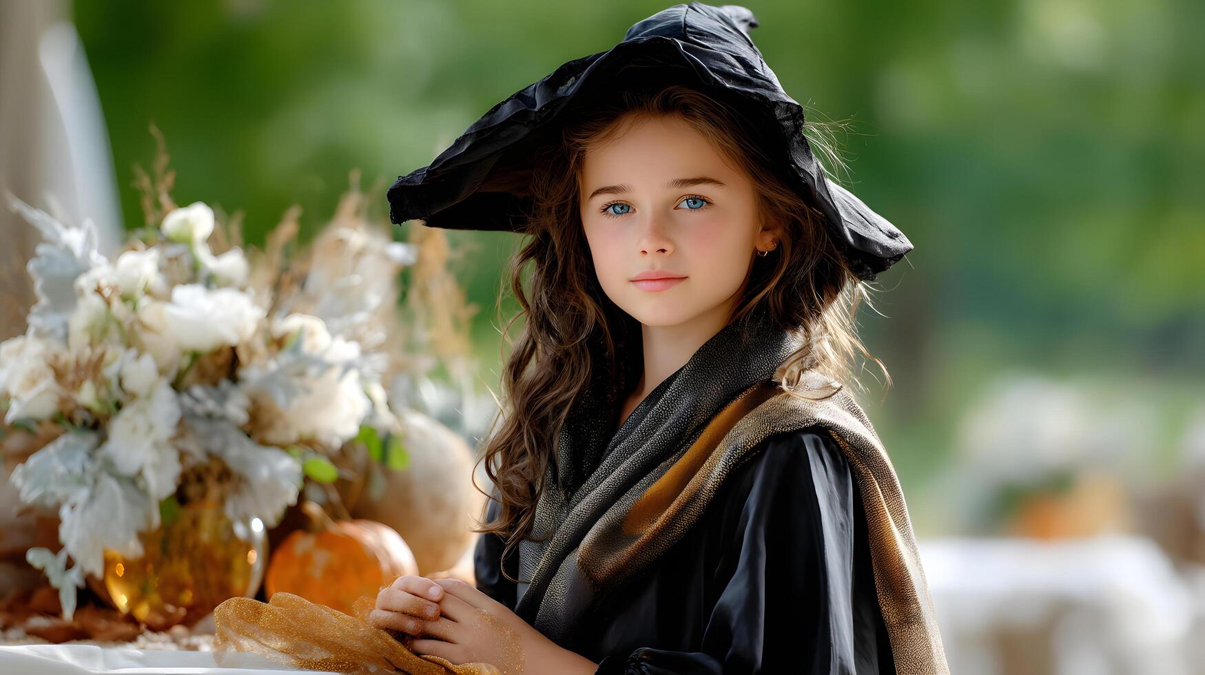 Enchanting Young Girl in Witch Costume Surrounded by Autumn Decor and Magical Ambiance photo