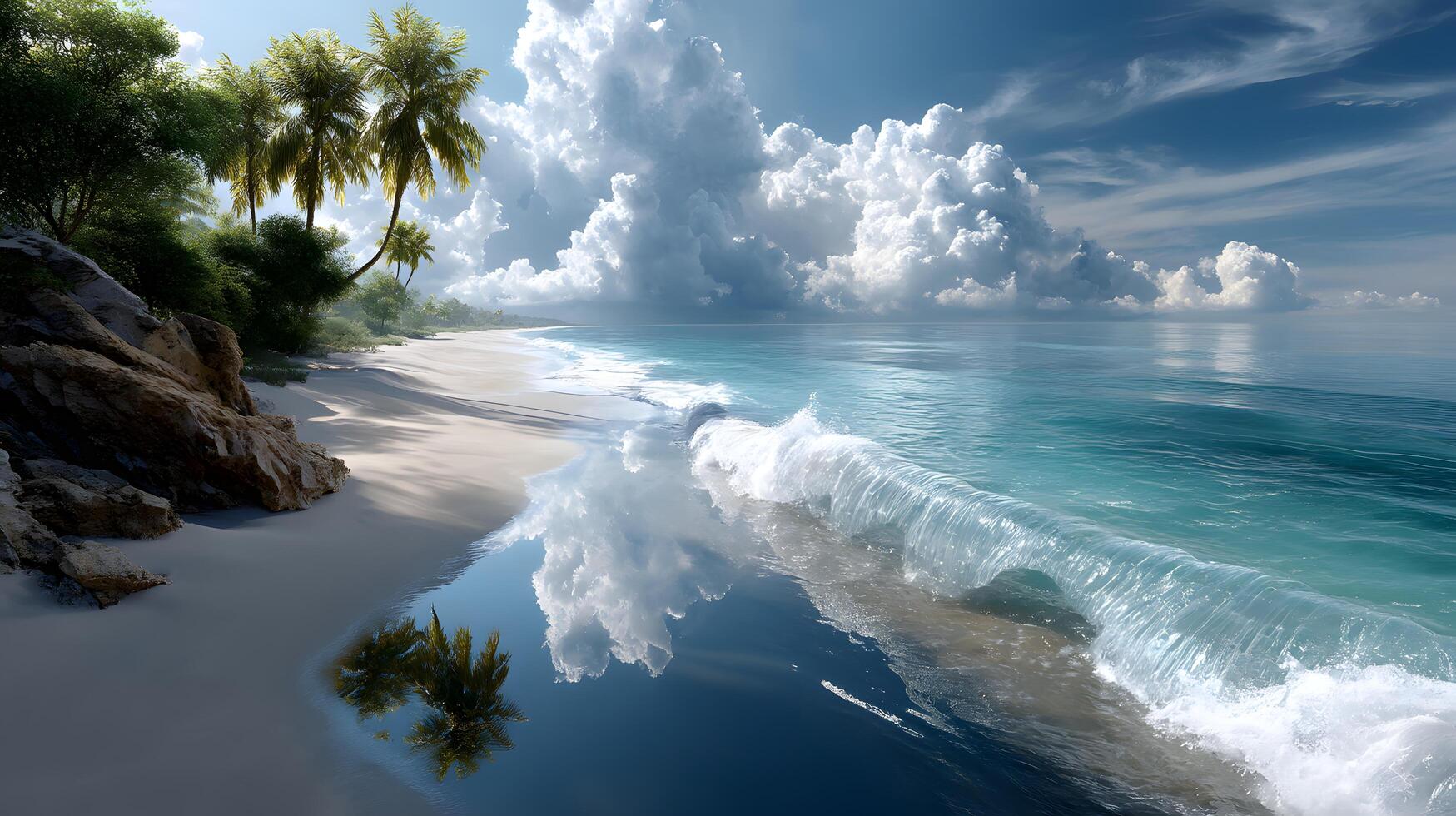 Serene Tropical Beach with Palm Trees and Clear Blue Water Under Dramatic Cloudy Sky photo
