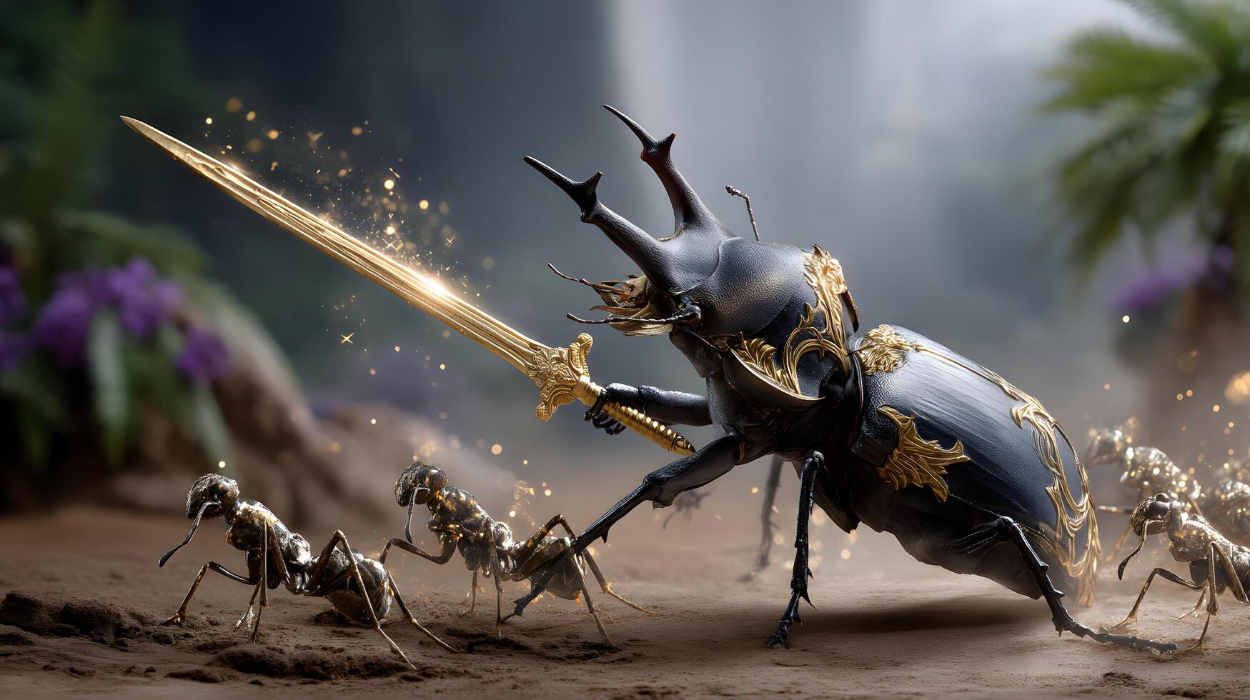 Majestic Beetle Warrior with Sword Leading Army of Ants in Enchanted Forest Setting photo