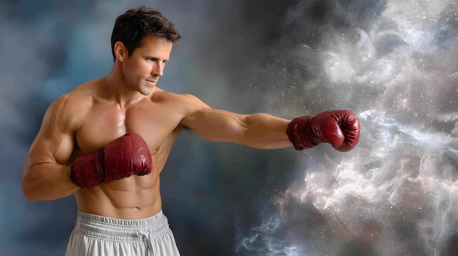 Athletic Male Boxer Throwing Punch Against Cosmic Background with Stars and Nebulae photo