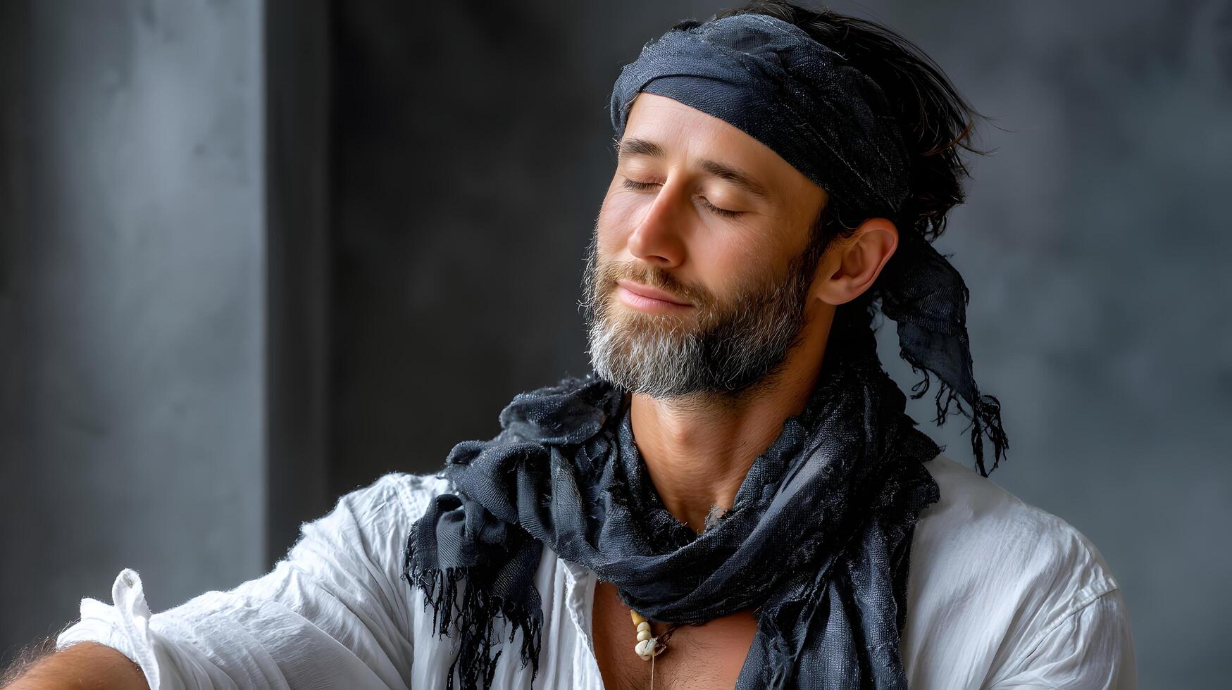 Calm Male Portrait with Scarf and Beard in Soft Lighting with Expressive Facial Features photo
