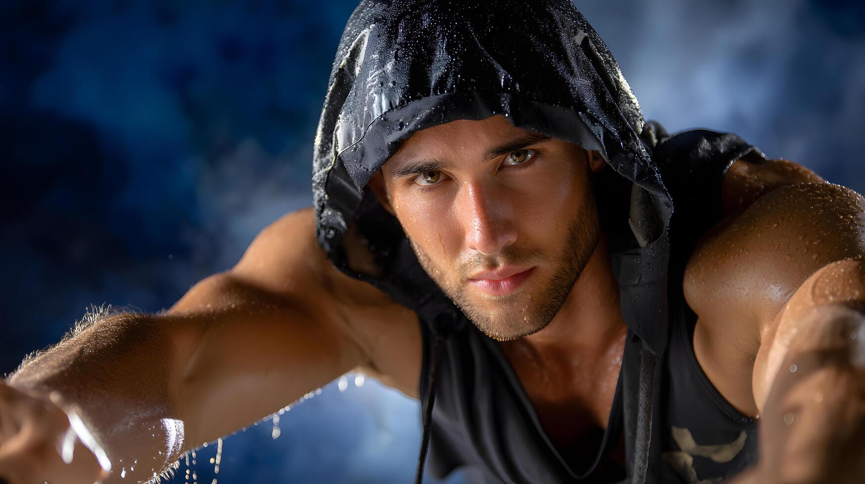 Male Athlete in Hoodie with Water Drops Preparing for Intense Workout Session in Studio photo