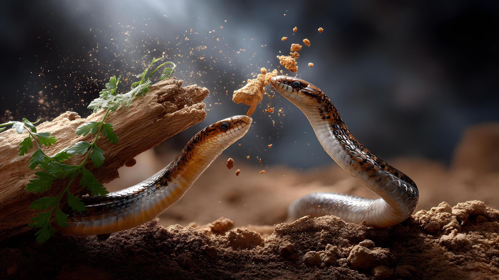 Two Snakes Interacting on the Ground Amidst Soil and Greenery in a Natural Environment photo
