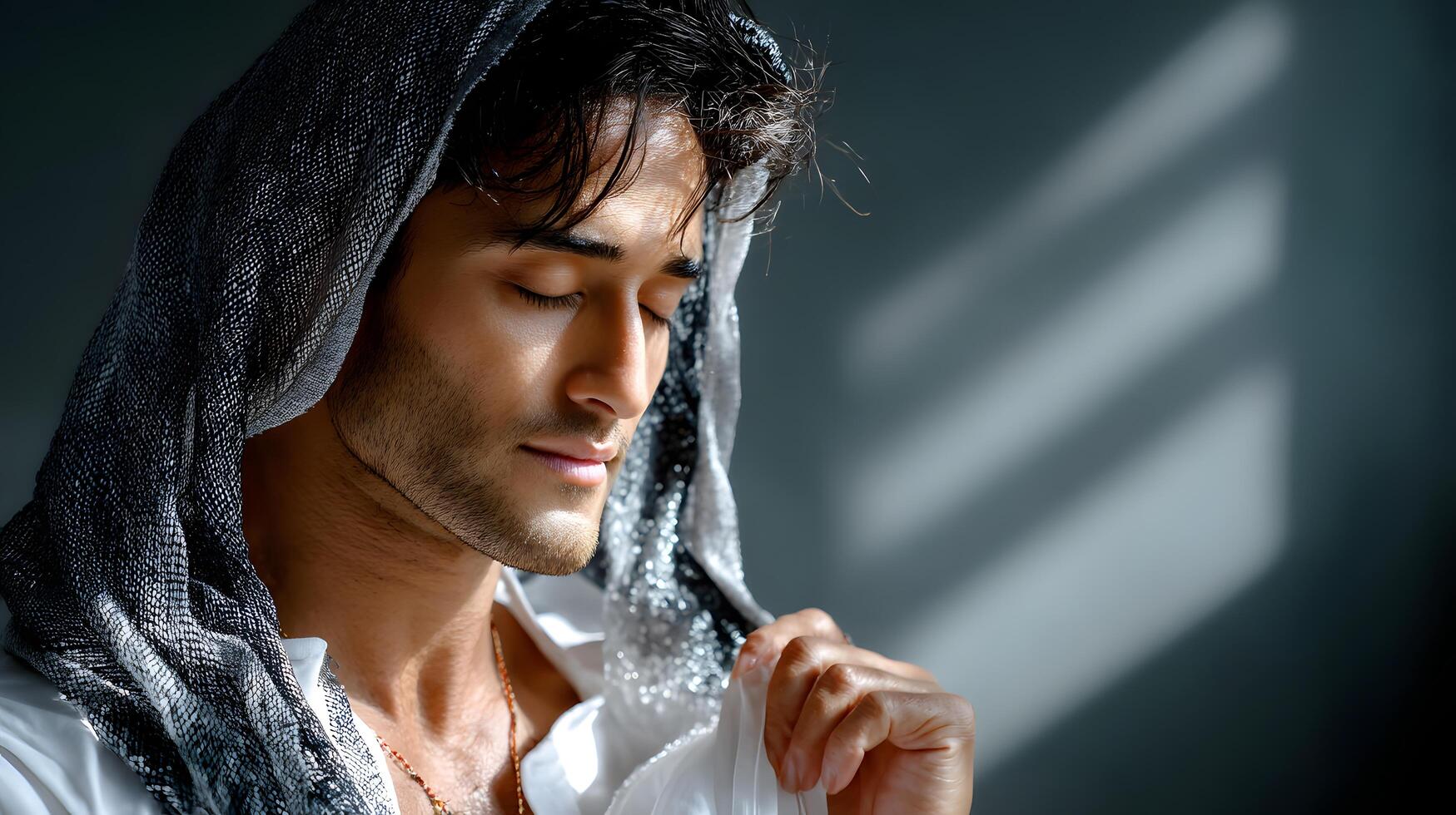 Serene Young Man in Soft Light with Draped Shawl and Calm Expression in Minimalist Setting photo