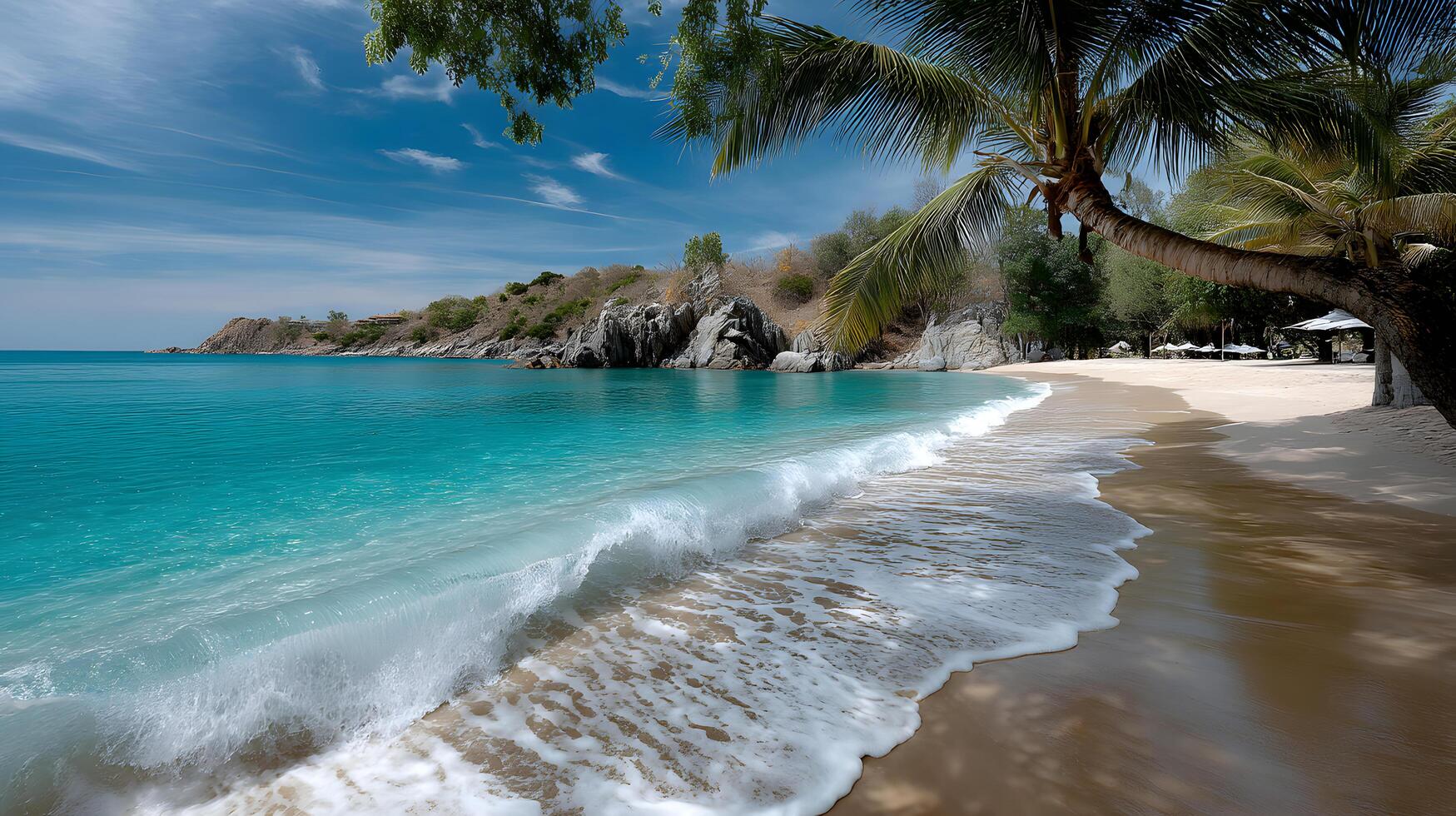 Serene Tropical Beach with Crystal Clear Water and Calm Waves Under a Bright Blue Sky photo