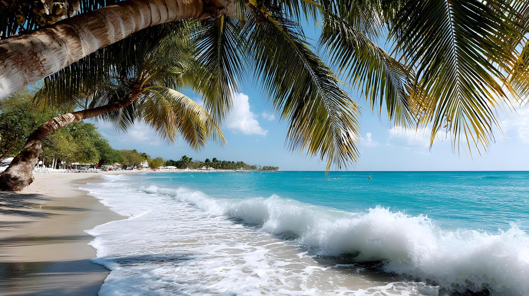 Tranquil Beach Scene with Gentle Waves and Lush Palm Trees Under Clear Blue Sky photo