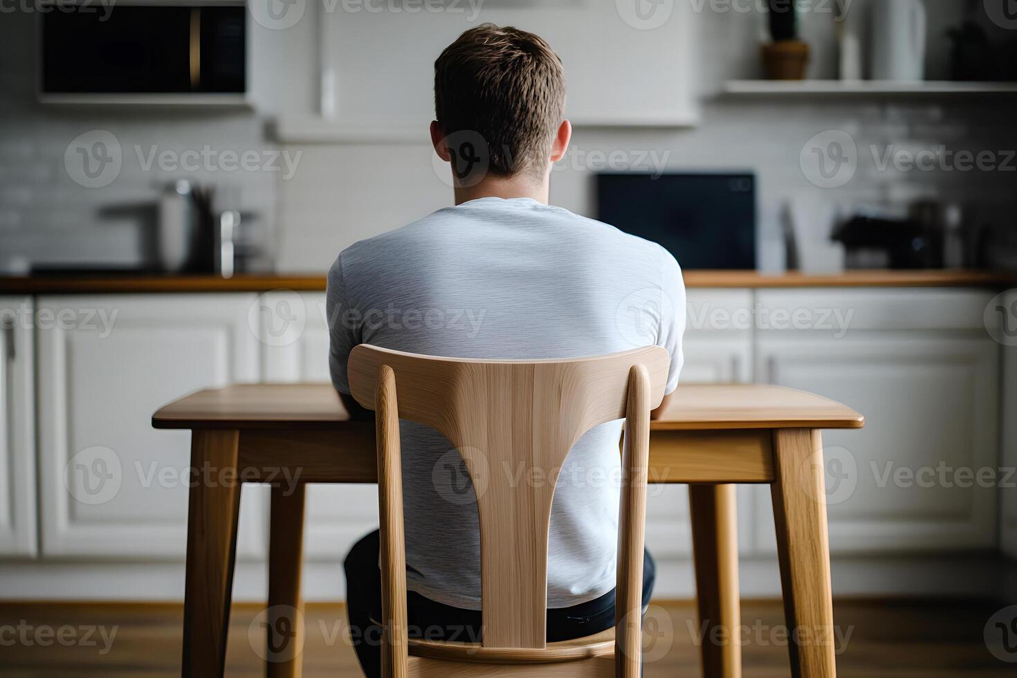 Person seated at a wooden table in a bright kitchen with a modern minimalist aesthetic. photo