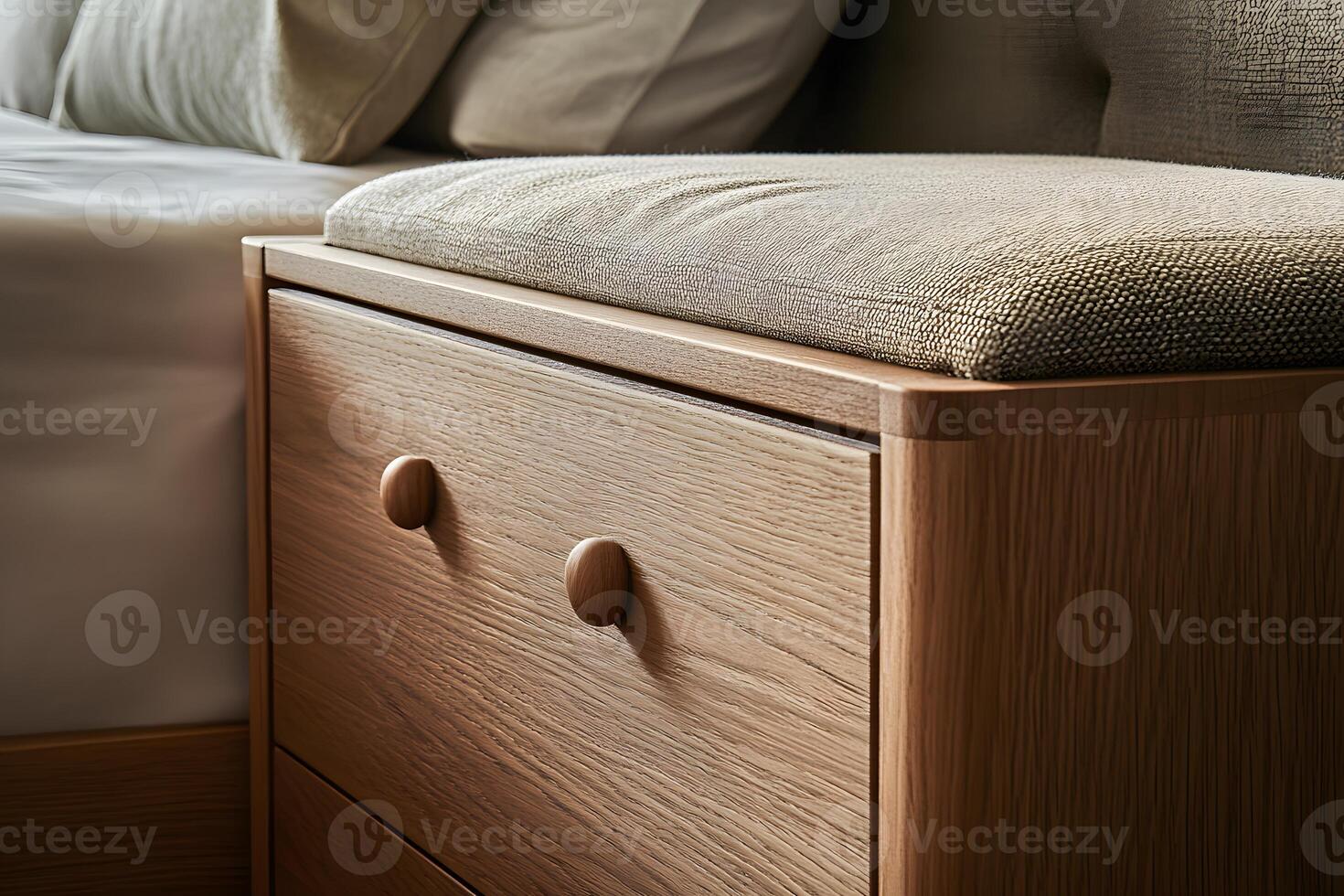 Cozy bedroom nook with wooden dresser soft cushion and comforting pillows A tranquil sleep space. photo