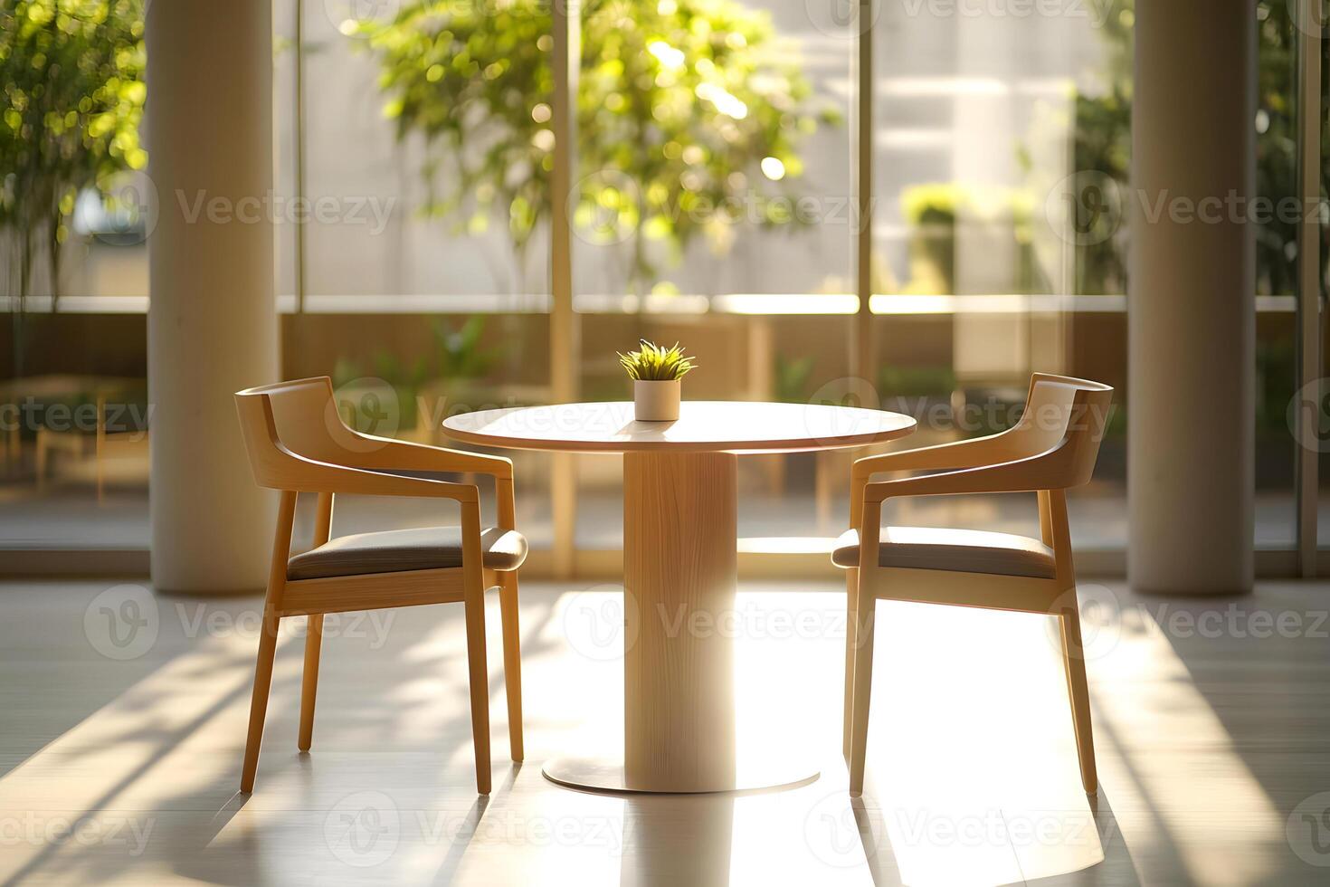 Aesthetic table and chairs setup for a serene ambiance with sunlight and greenery Cozy bright and inviting. photo