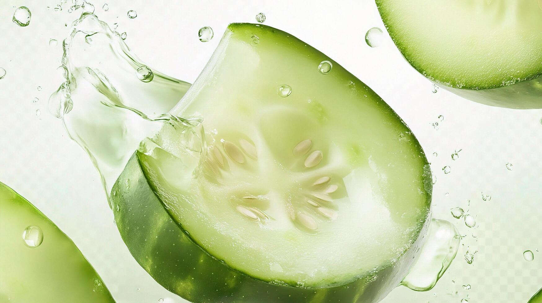 Cucumber slices with water splashes photo