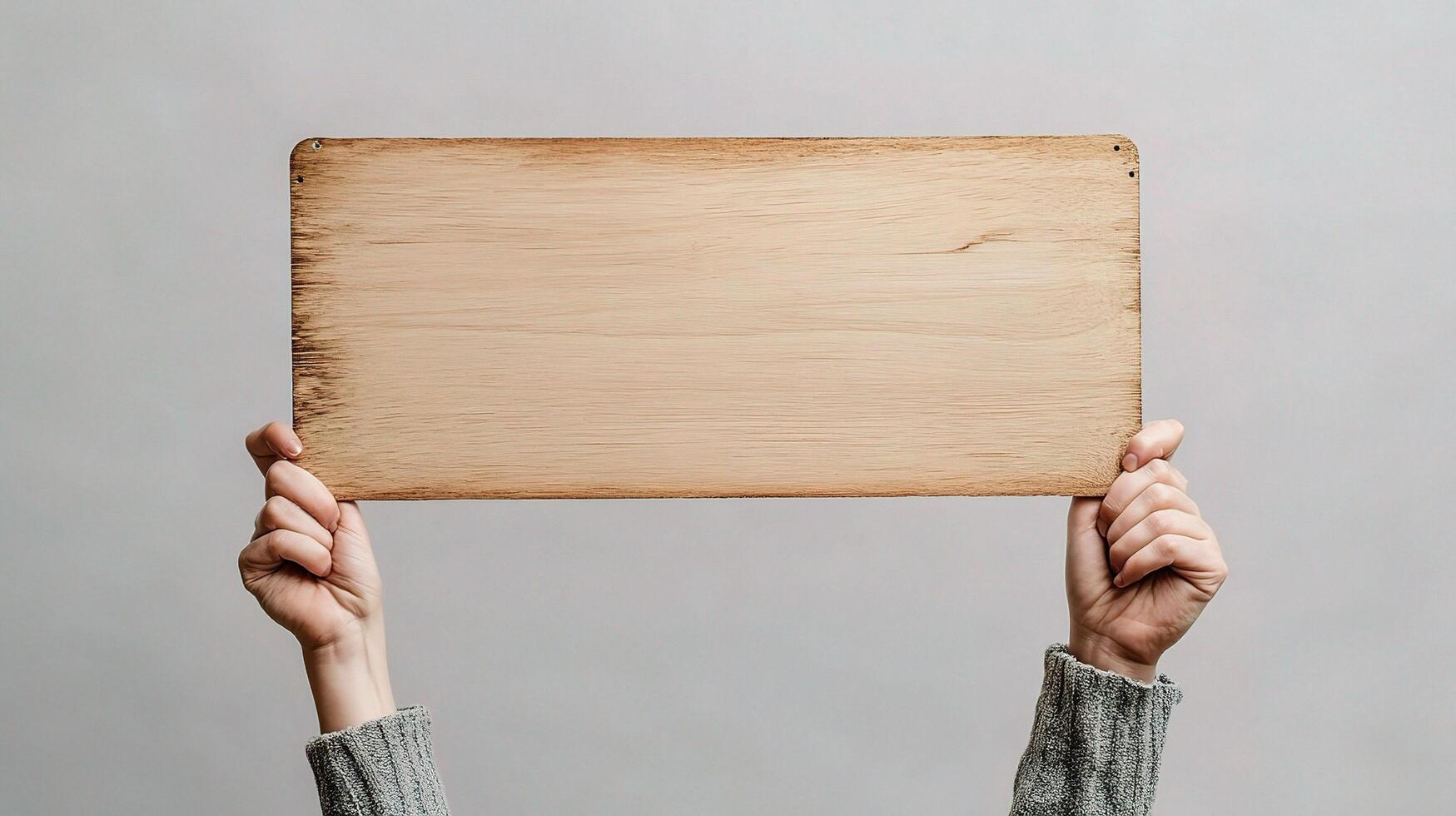 Person Holding Blank Wooden Banner for Protest or Announcement photo
