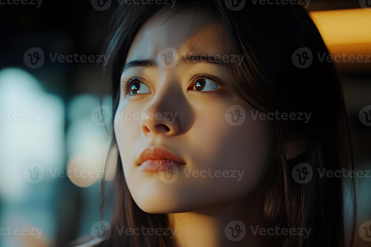 Pensive Asian woman looking upward with determination illuminated by soft glowing light creating a serene portrait. photo