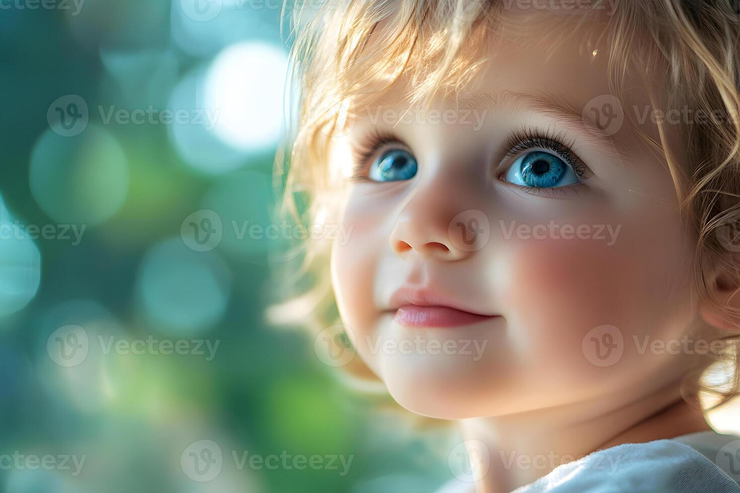 Young Child's Gaze A close-up of a cute toddler looking up with bright blue eyes and blond hair. photo