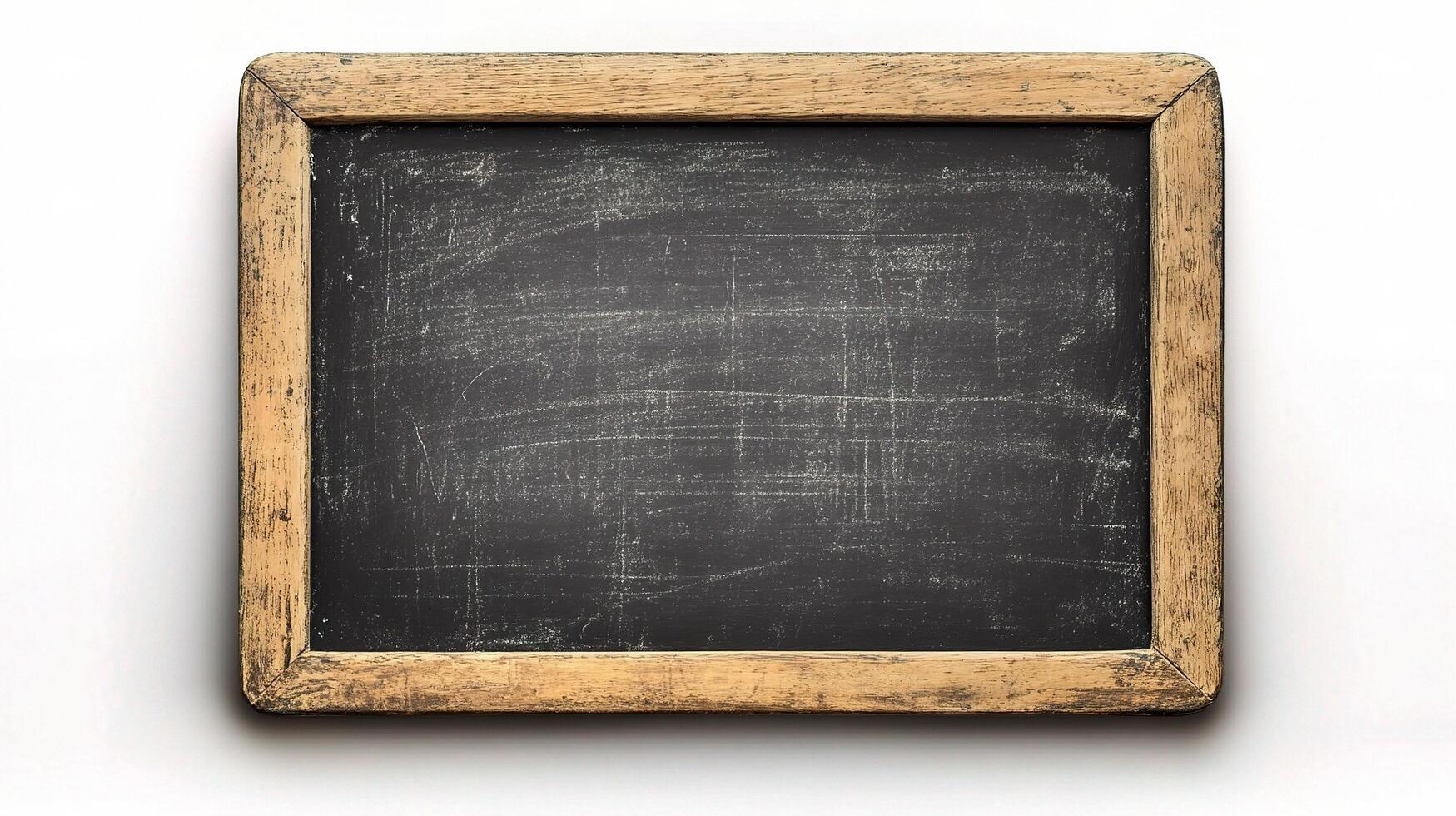 Old wooden frame with chalkboard on white background photo