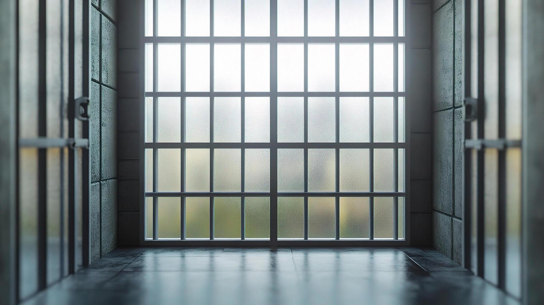 A prison cell with bars and a window photo