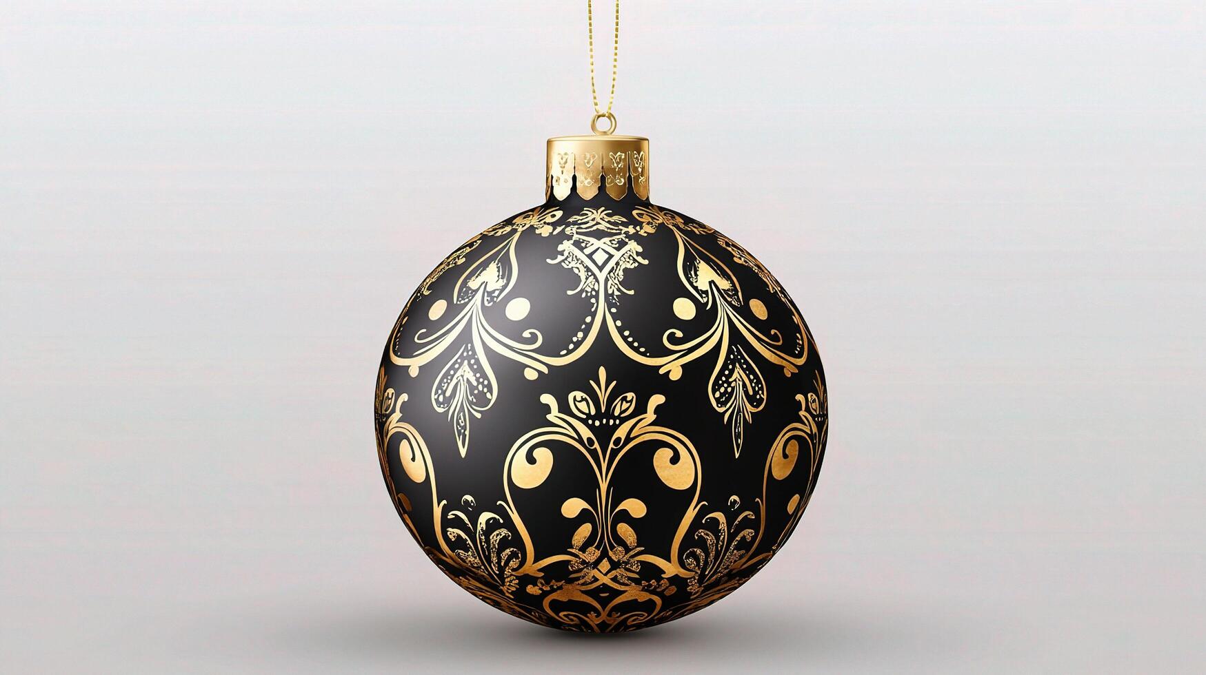 A black and gold ornament hanging from a string photo