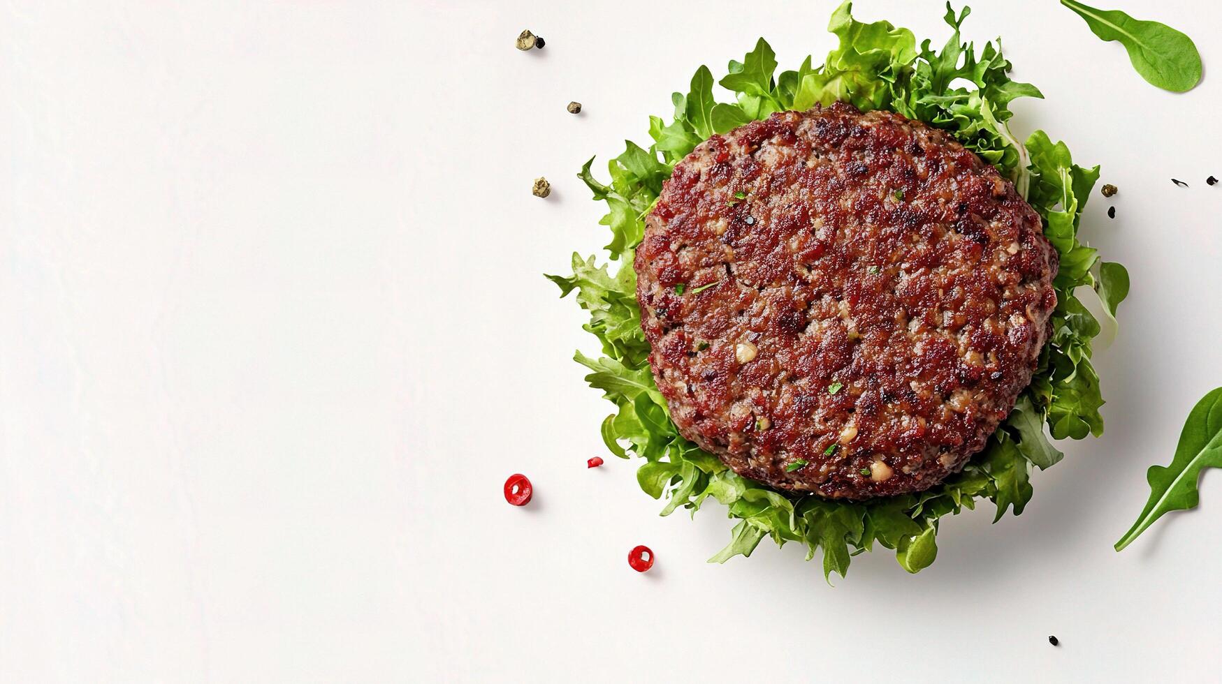A hamburger with lettuce and herbs on a white surface photo