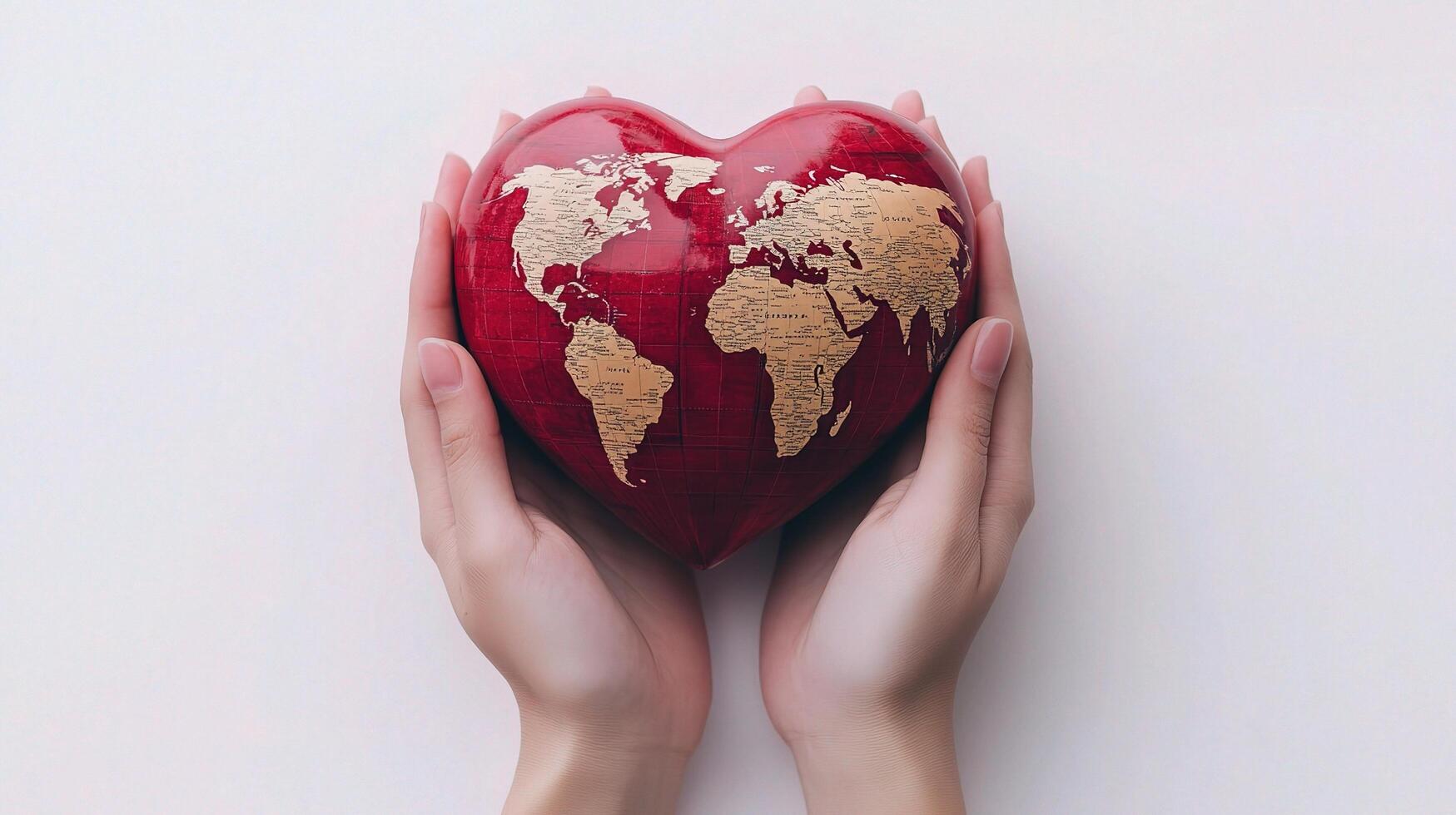 World map in hands of woman holding heart on white background photo