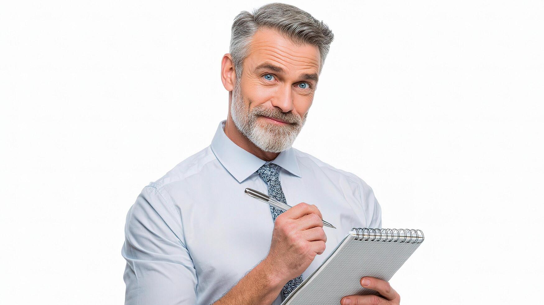 A man with a beard and tie holding a notepad photo