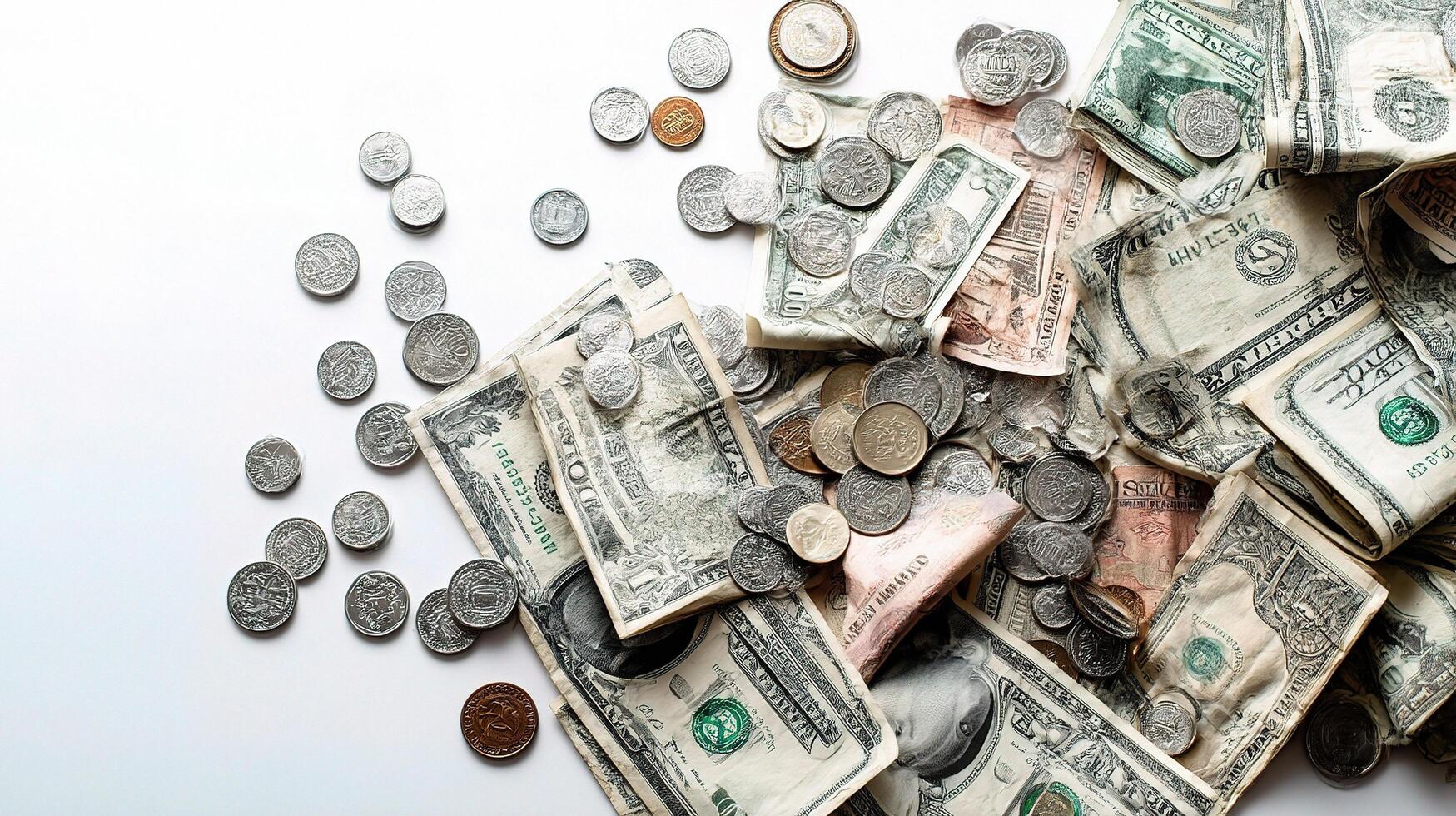 A pile of money on a white background photo