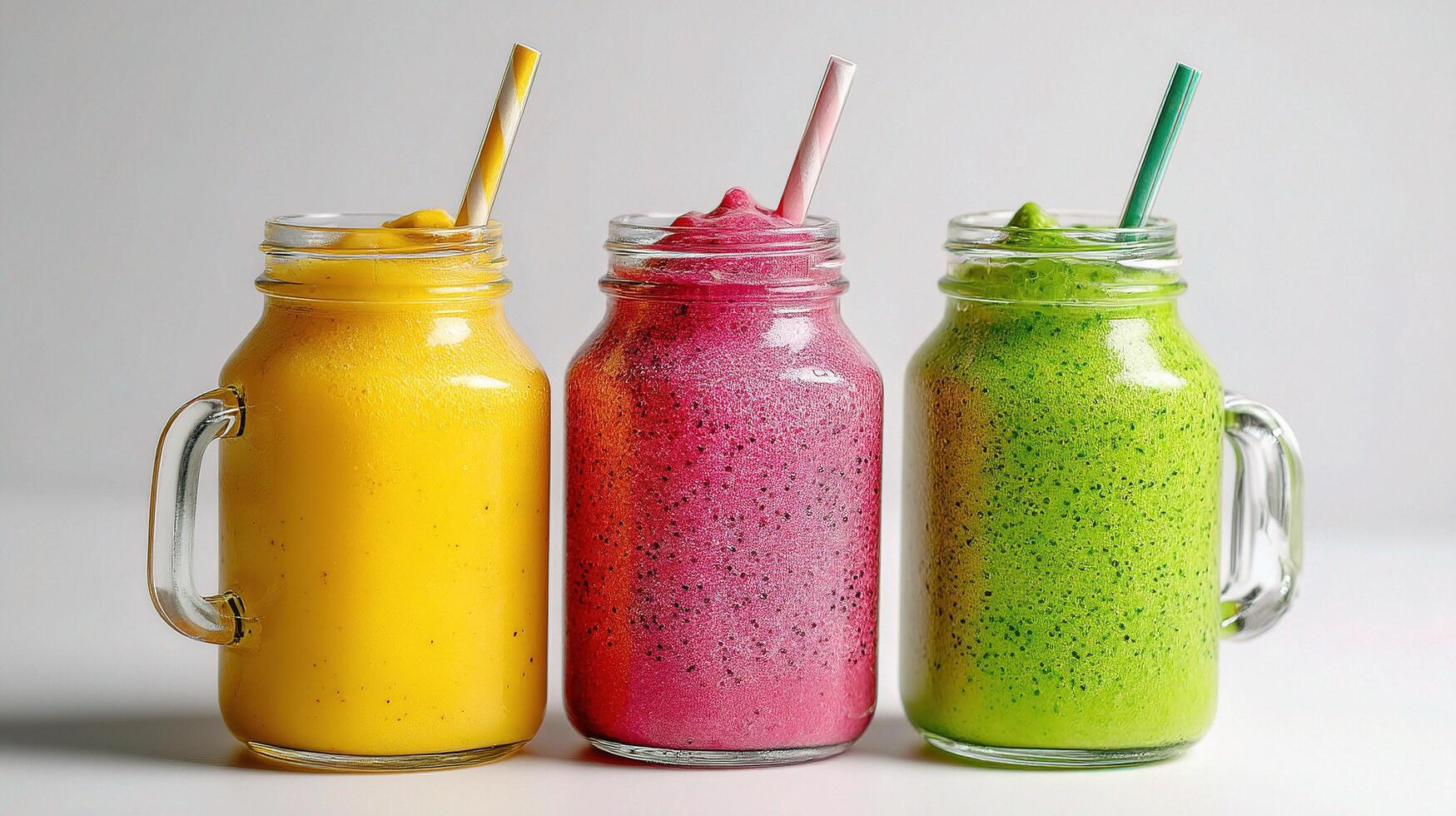 Three different colored smoothies in glass jars photo