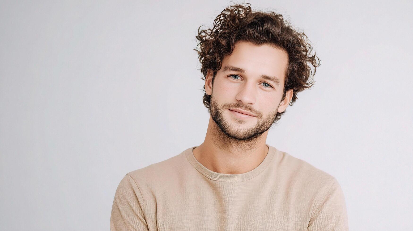 A man with curly hair and a tan shirt photo