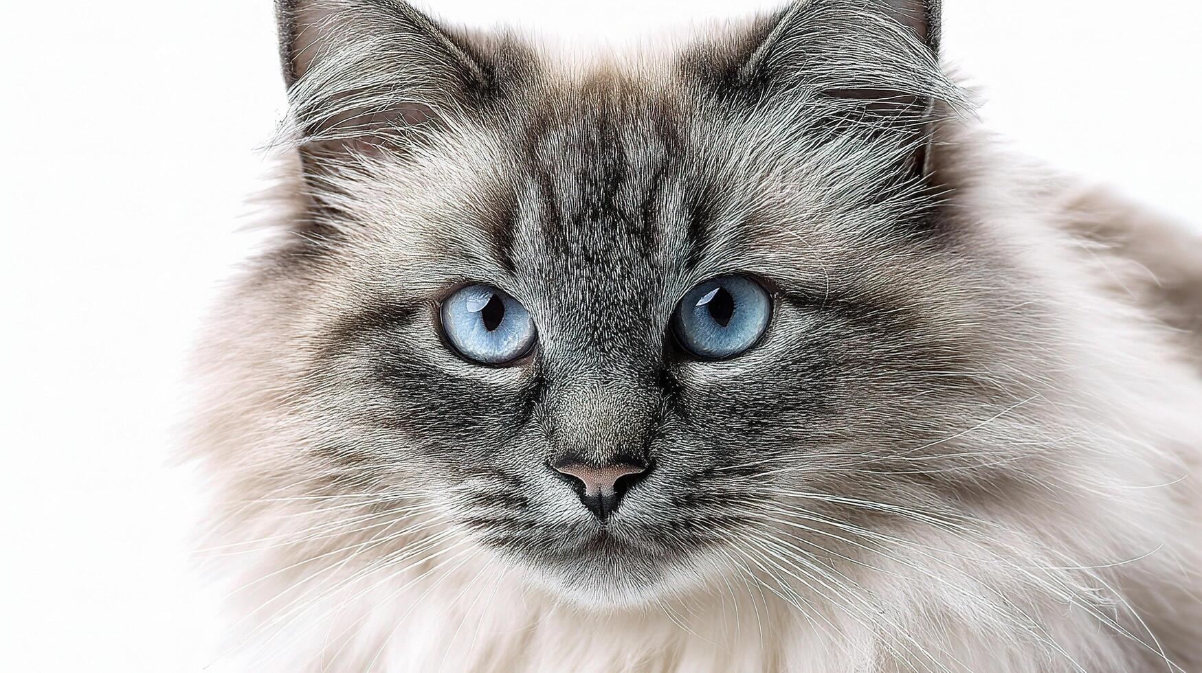A close up of a gray and white cat with blue eyes photo