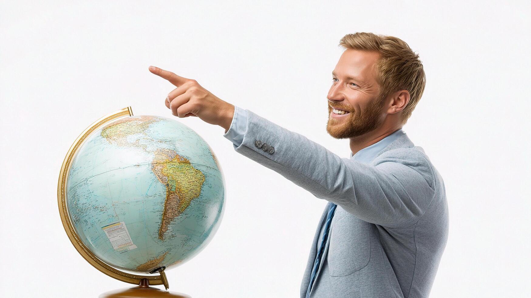 A man in a suit pointing at a globe photo