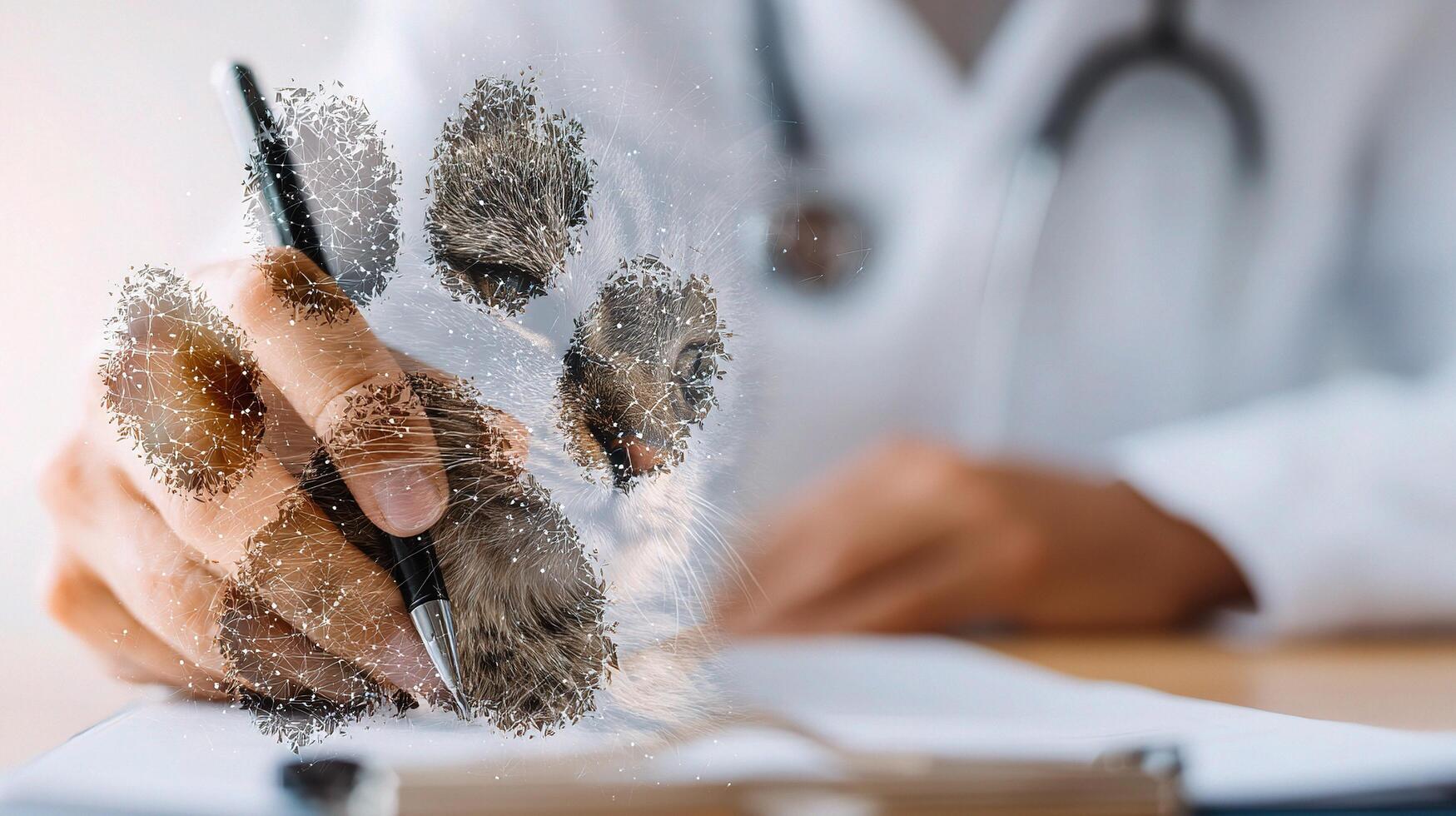 A doctor writing on a piece of paper with a paw print photo