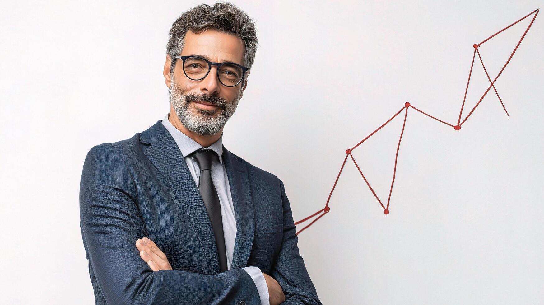 A man in a suit and glasses is standing in front of a graph photo