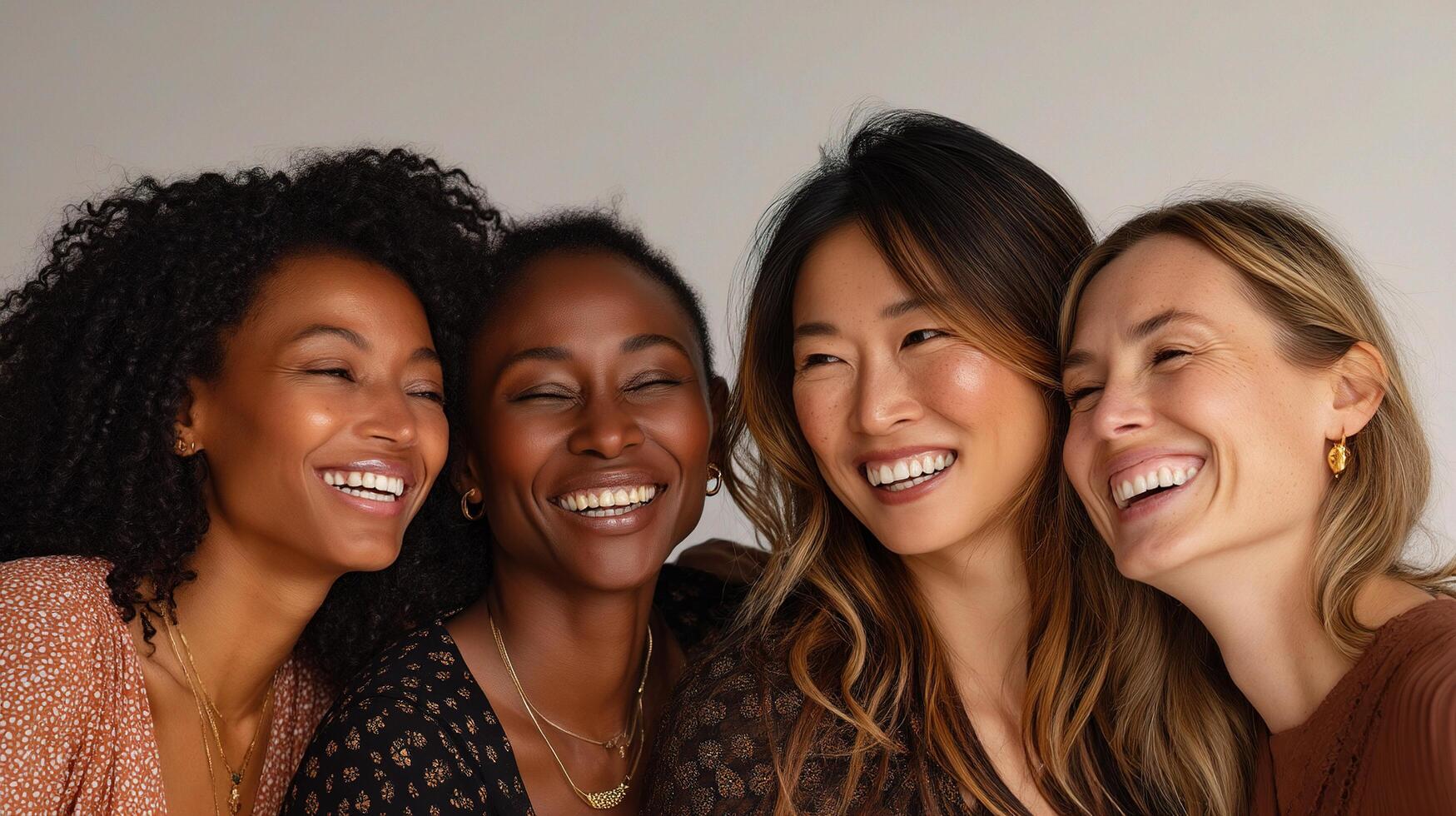 Four women smiling together in front of a white background photo