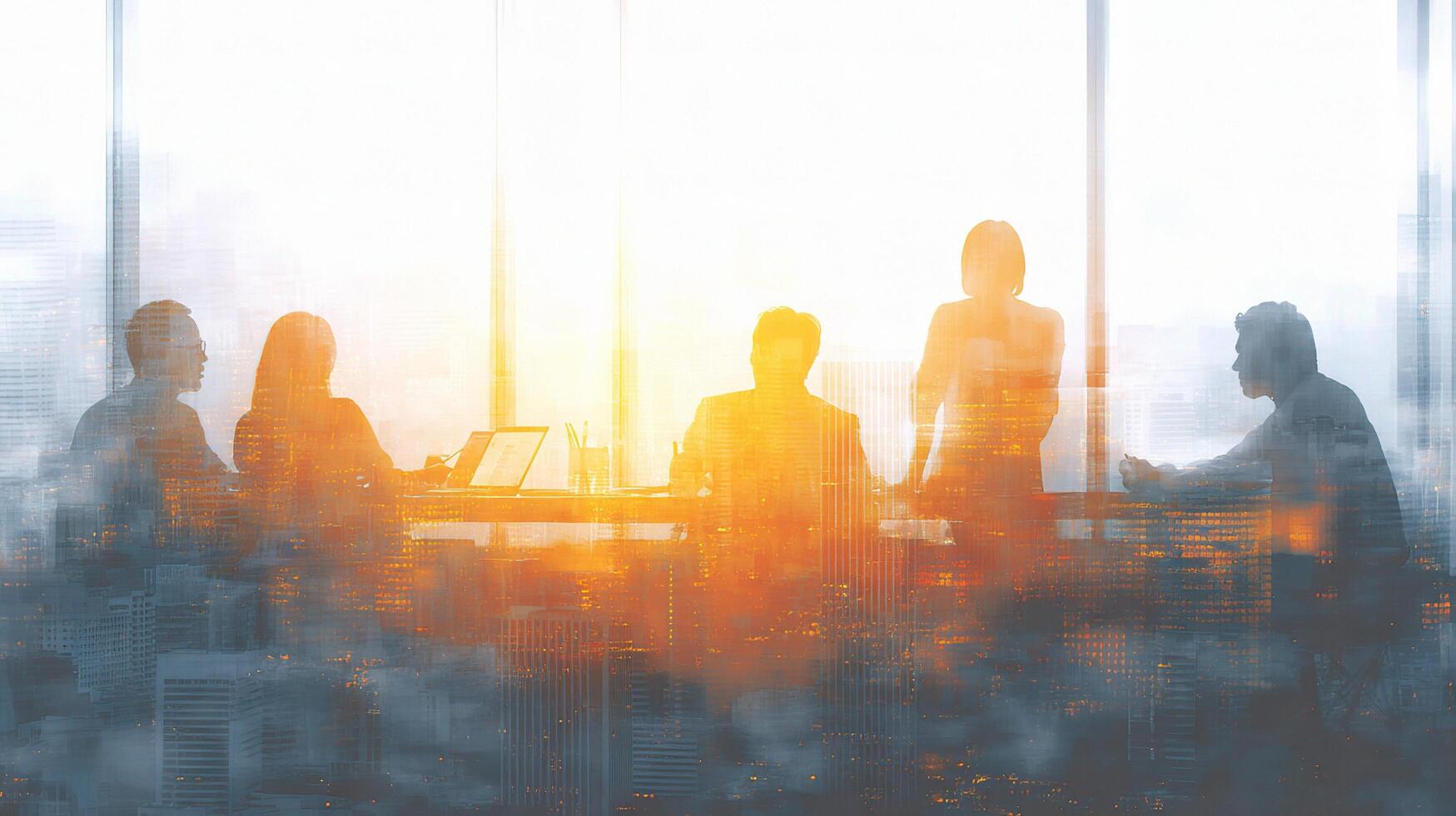 Business people in a meeting room with the sun shining through the window photo