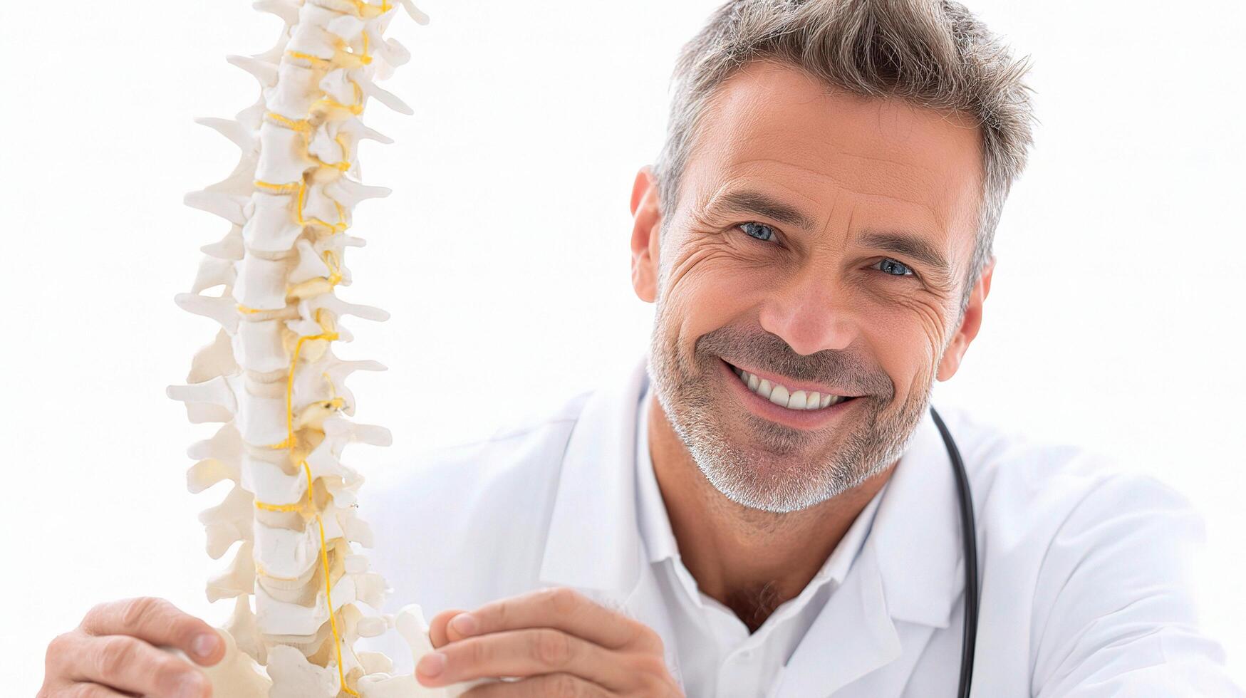 A smiling man holding a model of a spine photo