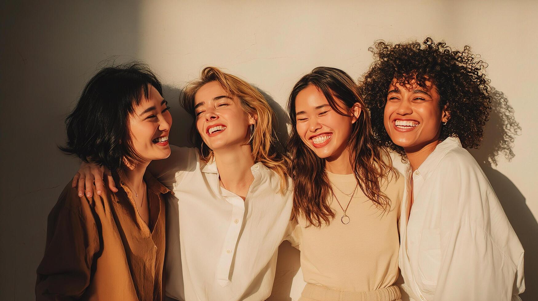 Four women smiling together in front of a wall photo