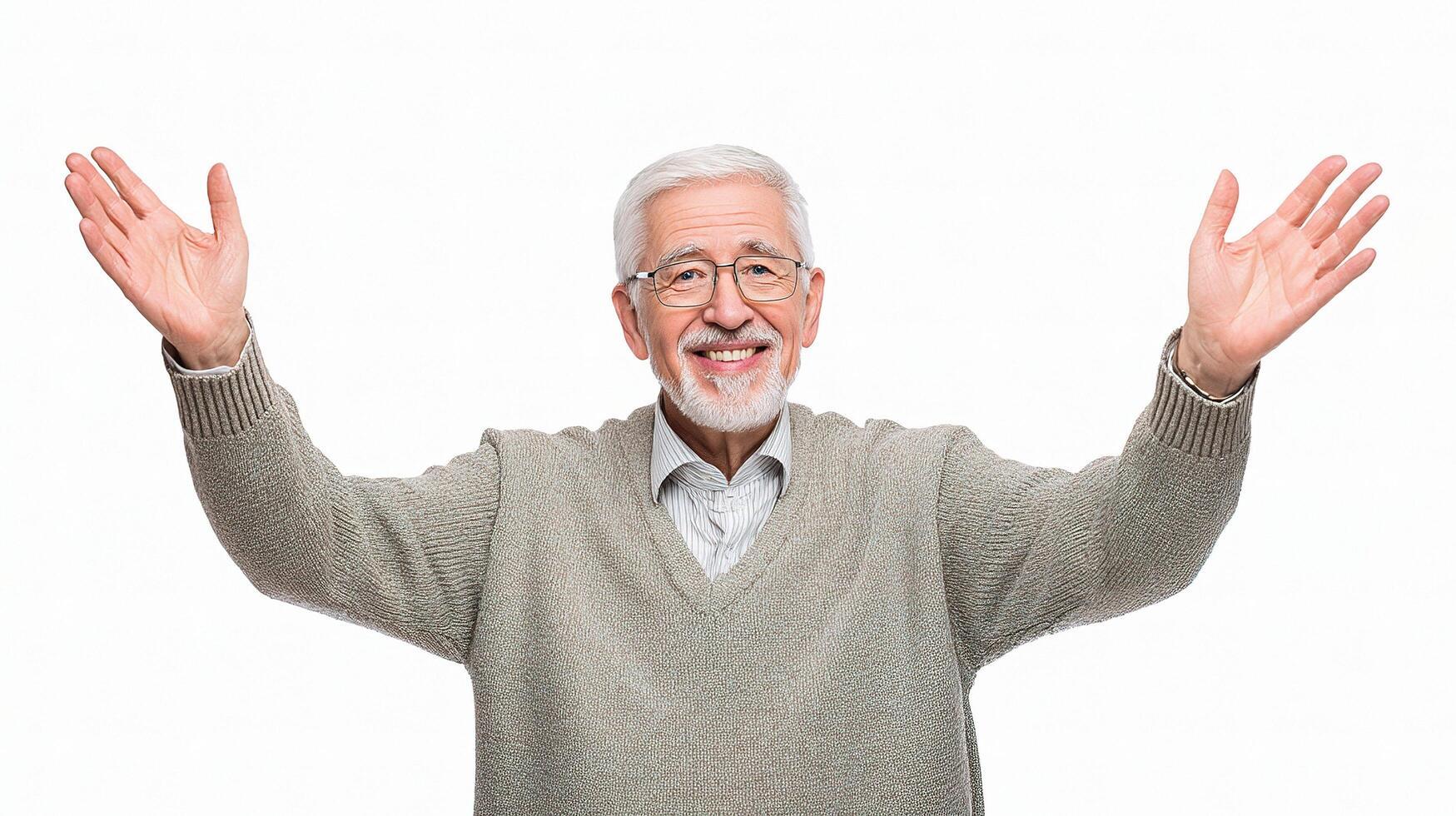 An older man with his hands up in the air photo