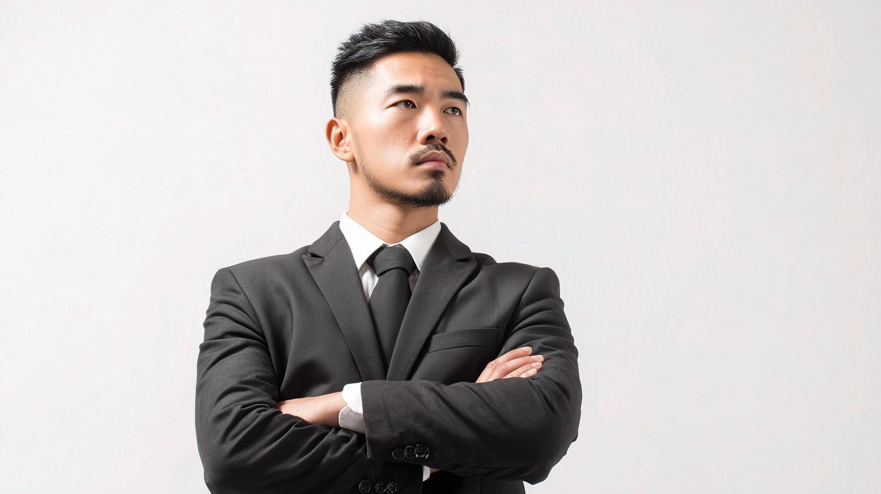 Asian businessman with arms crossed against white background photo
