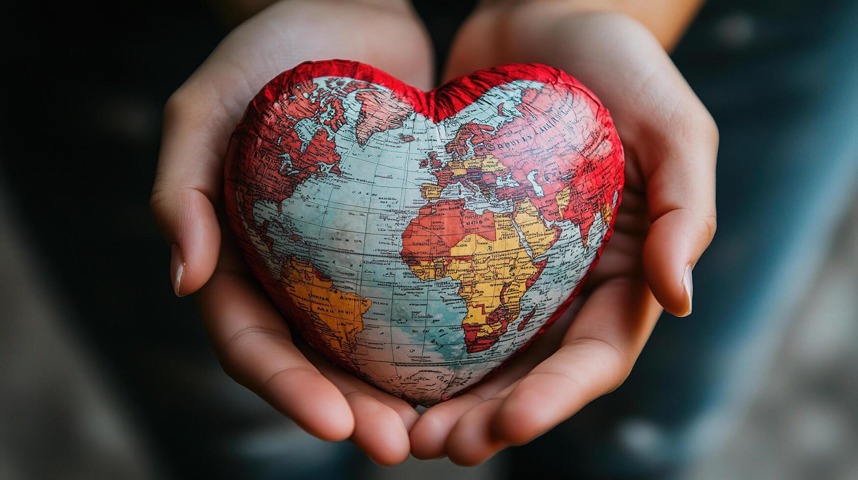 A person holding a heart shaped world map photo